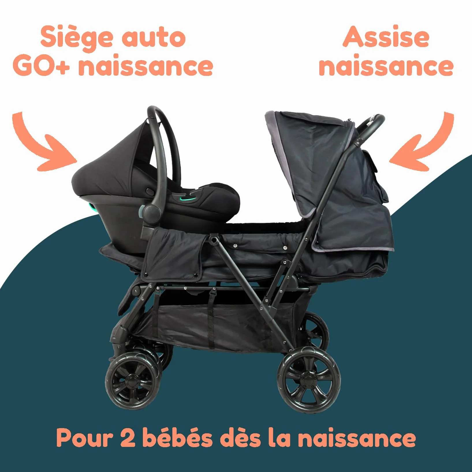 Passeggino gemellare doppio - BAMBISOL - Passeggino doppio combinato + Seggiolino auto I-size - 4 ruote - Nero