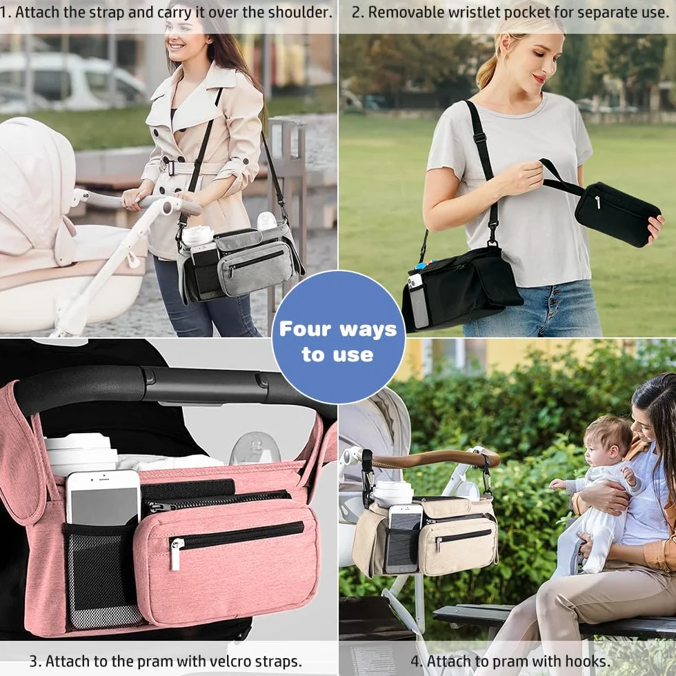 Borsa universale per passeggino, borsa per passeggino con 2 portabicchieri isolati, grande capacità, organizer con tracolla e ganci di sicurezza antiscivolo (beige)