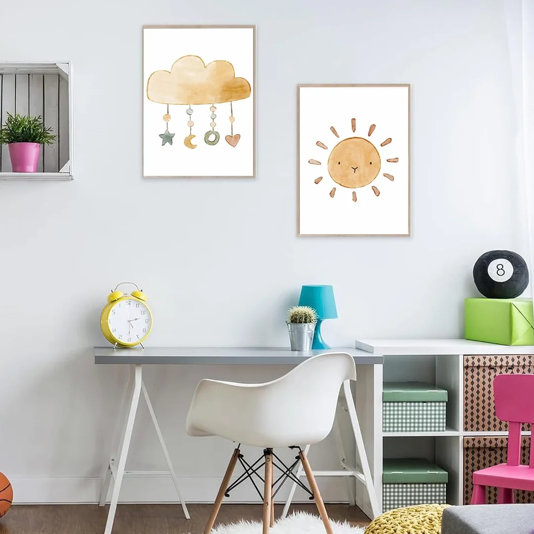 Set di 3 Quadri Tela 21x30cm, Poster Orsacchiotto Nuvole Sole per Cameretta dei Bambini, Stampe Senza Cornice Stile Boho per Decorazione Parete(Stile B)
