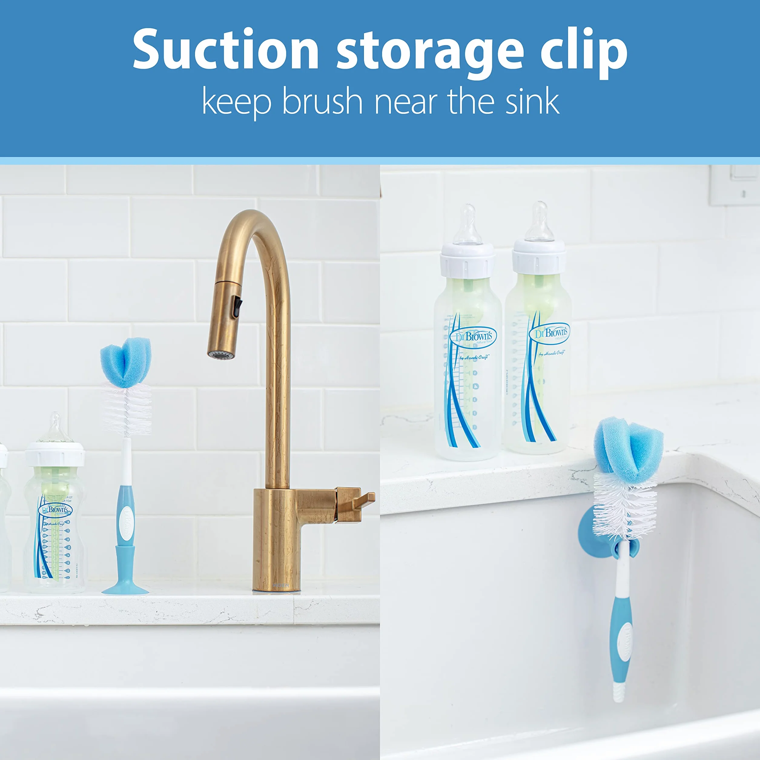 Dr. Brown's Reusable Sponge Baby Bottle Cleaning Brush with Suction Cup Stand, Scrubber and Nipple Cleaner, Assorted Color 1-Pack
