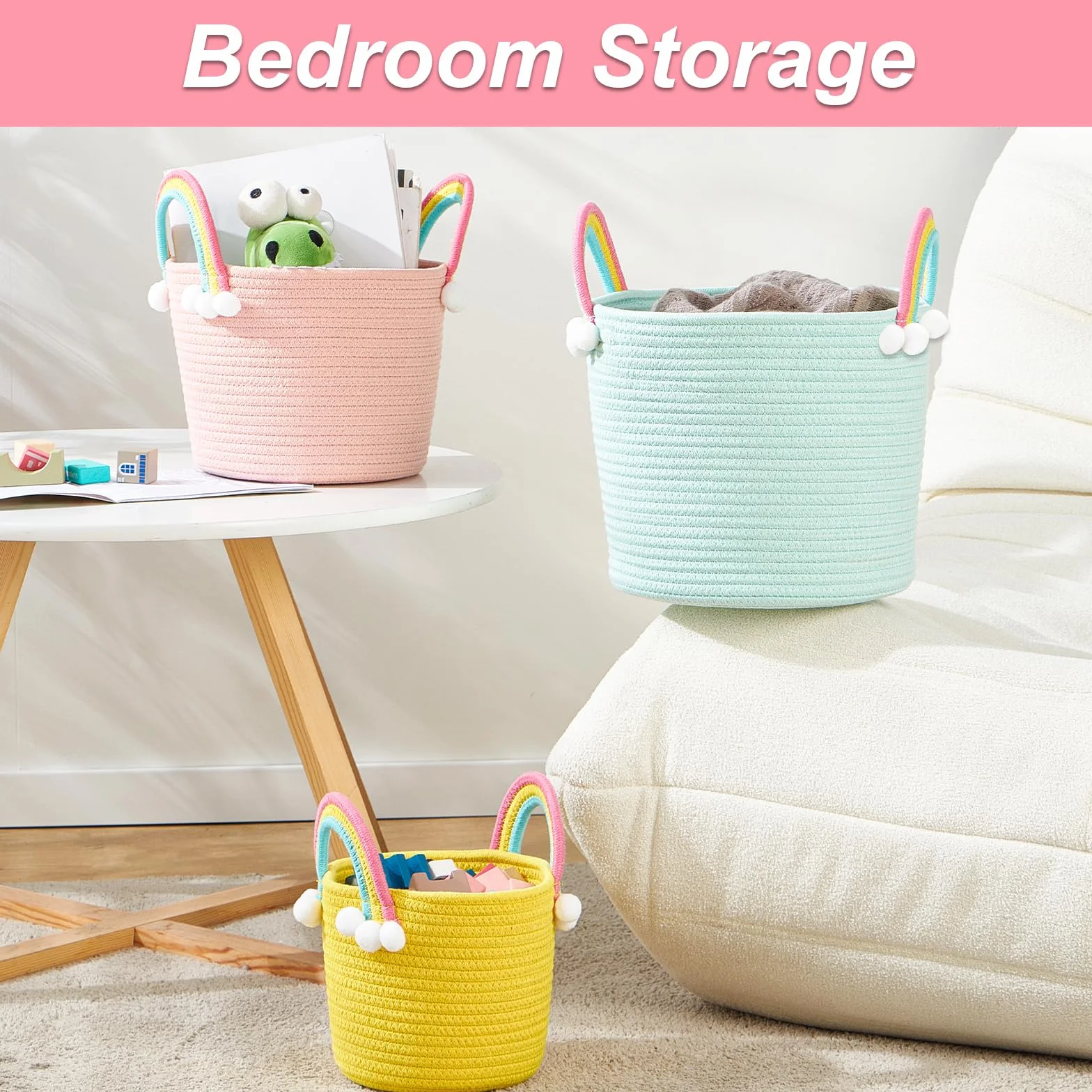 Cesto portaoggetti per bambini, per giocattoli, per vestiti, 3 pezzi, design floreale, tessuto morbido con manico, perfetto per organizzare l'asilo (cesto arcobaleno)