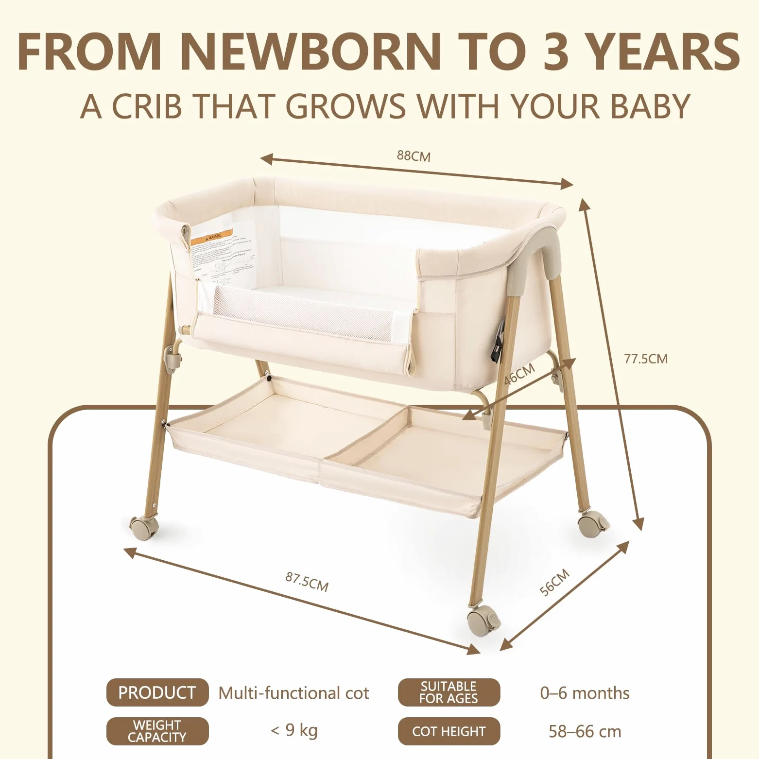 Zkiprm Culla Co-sleeping, Culla da affiancare pieghevole, Facile da montare, con Lettino rimovibile, Zanzariera, 4 Ruote bloccabili | Buona Circolazione dell'Aria | Peso max: 9 kg | 0–6 mesi（Beige）