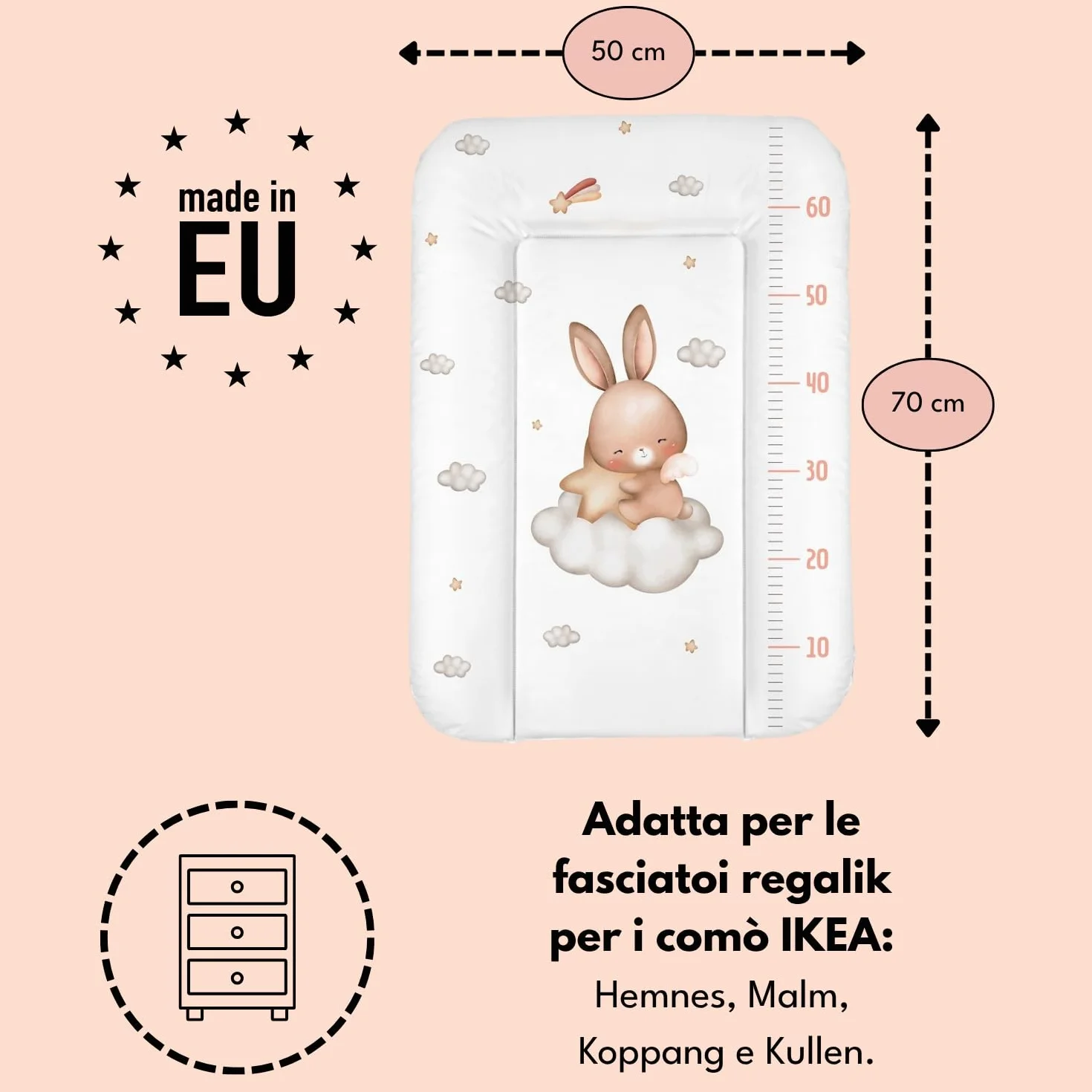 Materassino fasciatoio 50x70 cm, bianco con coniglio – impermeabile e lavabile, morbido per neonati – cuscino fasciatoio per cassettiera – materassino cambio pannolino, facile da pulire