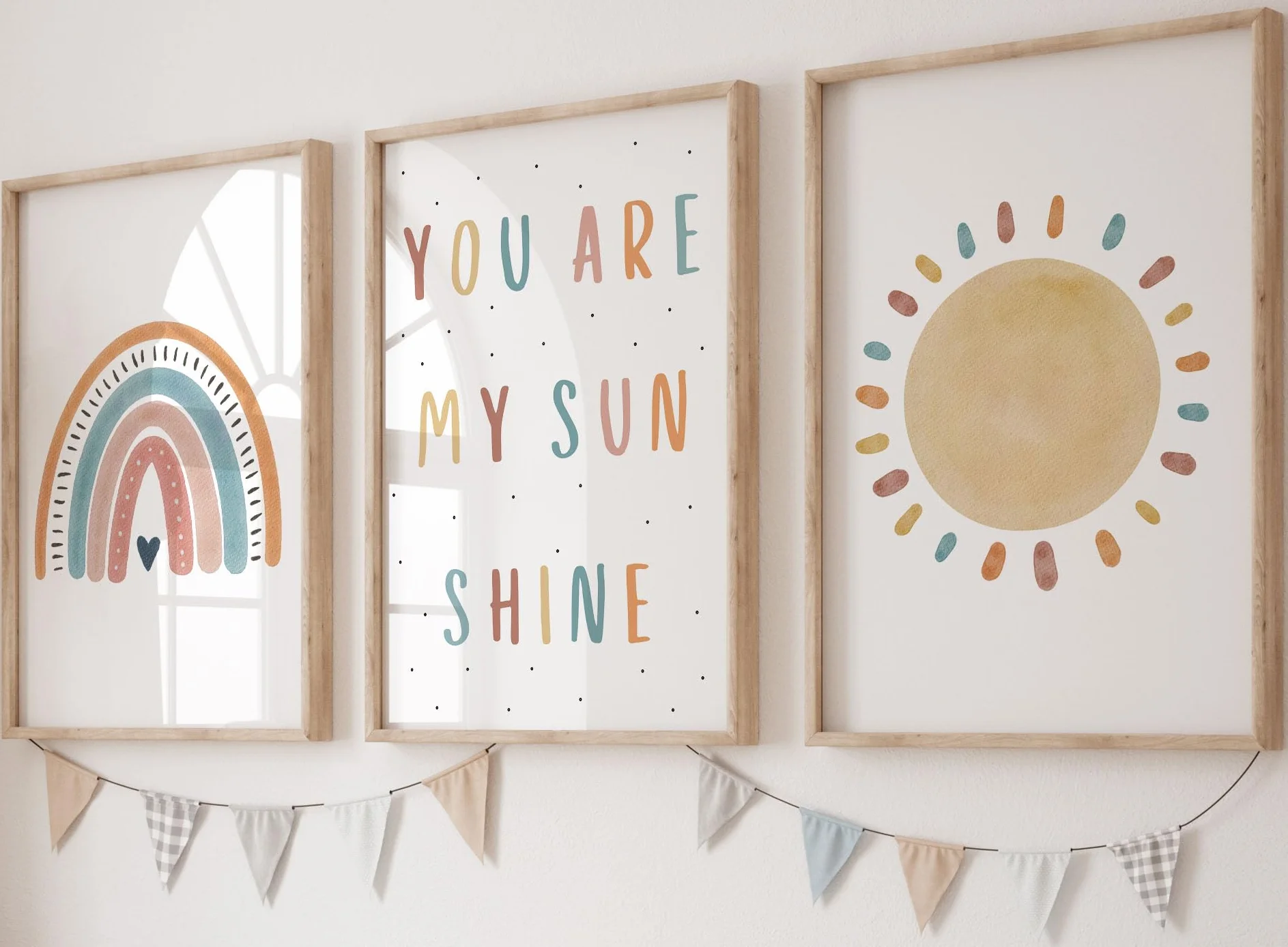 Eviepops Prints Quadri Cameretta Bambini “You Are My Sunshine” Set di 3 Stampe Boho Arcobaleno e Sole Senza Cornice, Decorazione Parete (A3)