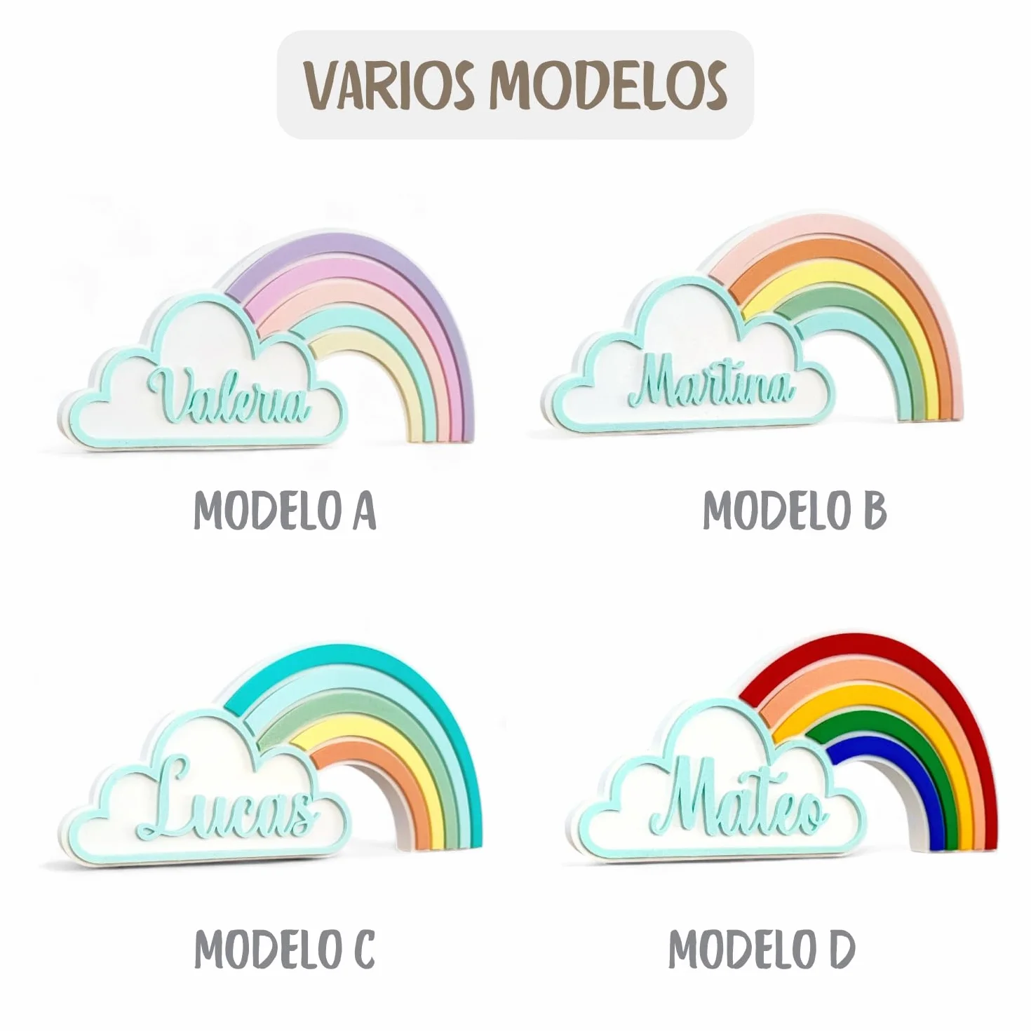 Arcobaleno con nome personalizzato. Diversi modelli tra cui scegliere. Regalo per neonati e bambini. Decorazione per baby shower e caramelle, per la cameretta dei bambini e la cameretta