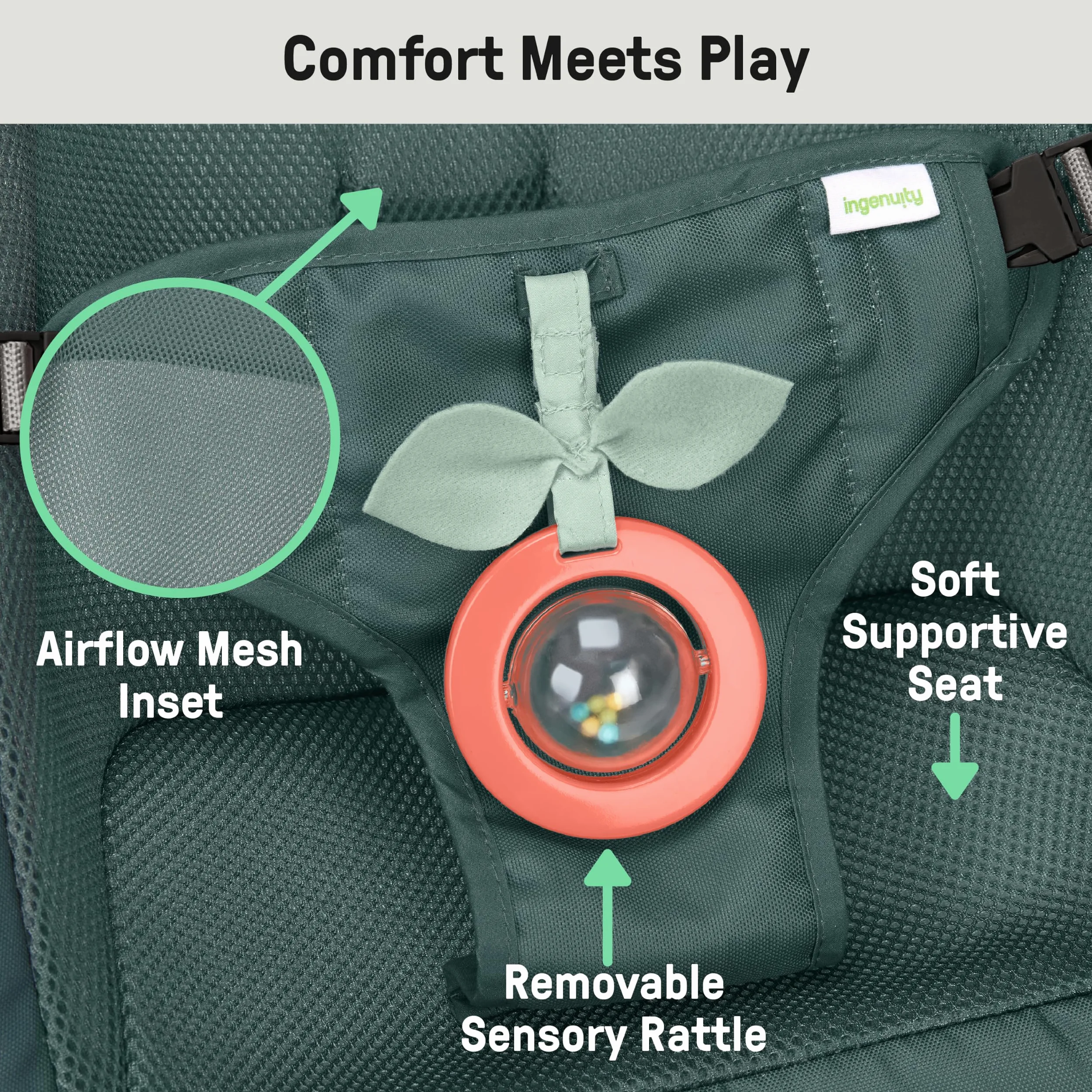 Ingenuity Stow & Go Dondolo per Bebè Pieghevole Compatto, Seggiolino Portatile Leggero con Vibrazione e Giocattolo, Verde, Meno di 5 lbs