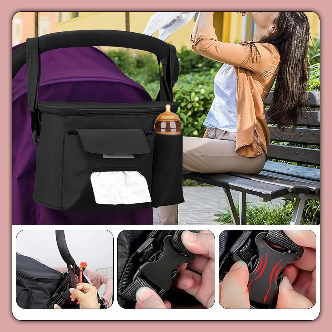 Baby Borsa Passeggino Borsa Organizer, Borsa multifunzione per neonati, con Portaoggetti per Biberoni, Pannolini, (Nero)