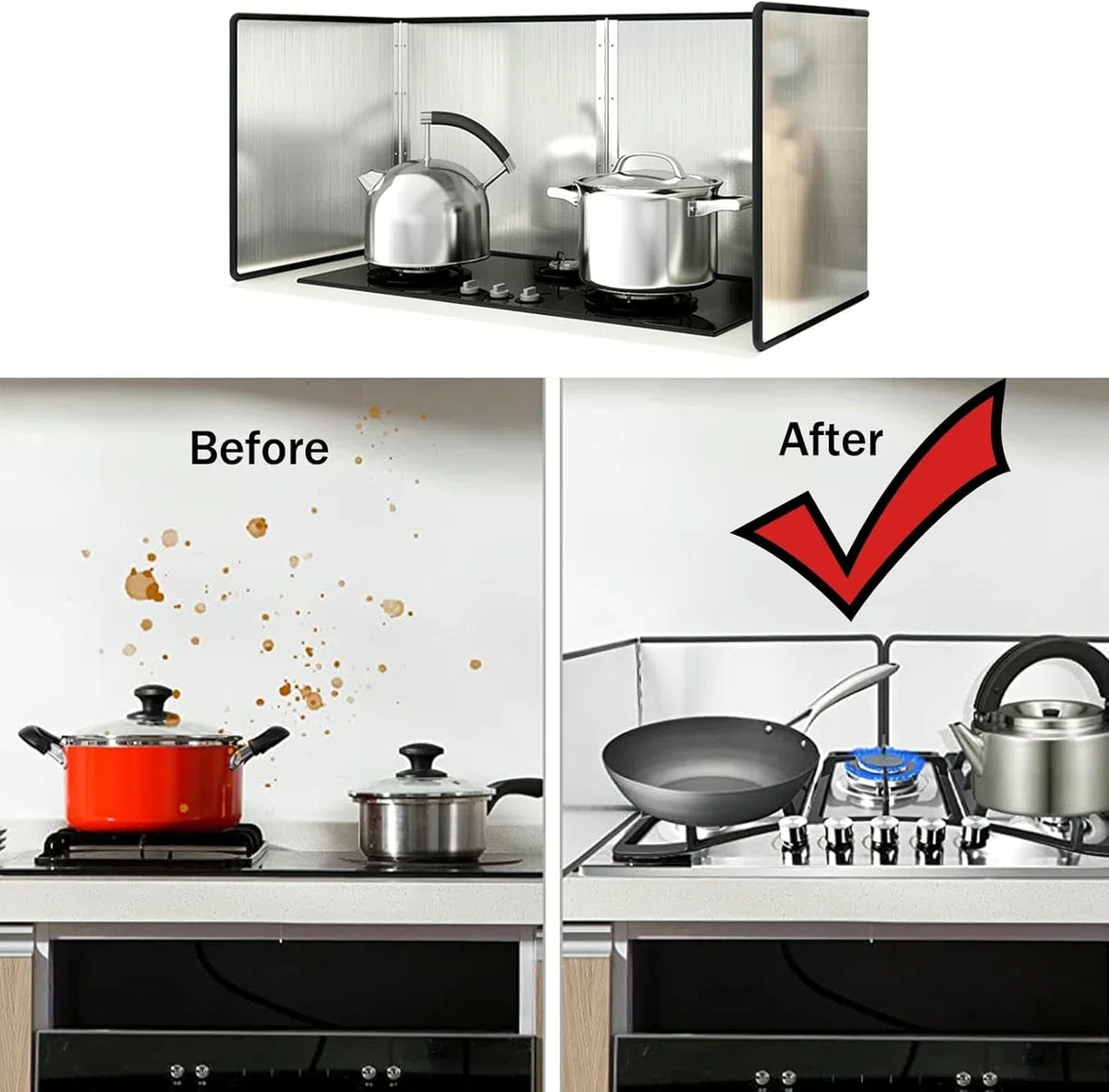 Protezione antispruzzo di Grasso per fornelli Pieghevoli, Protezione antispruzzi per padelle, Protezione per Scudo antispruzzo da Cucina, per Protezione Schermo Stufa (3 Sides 50x80x45cm)