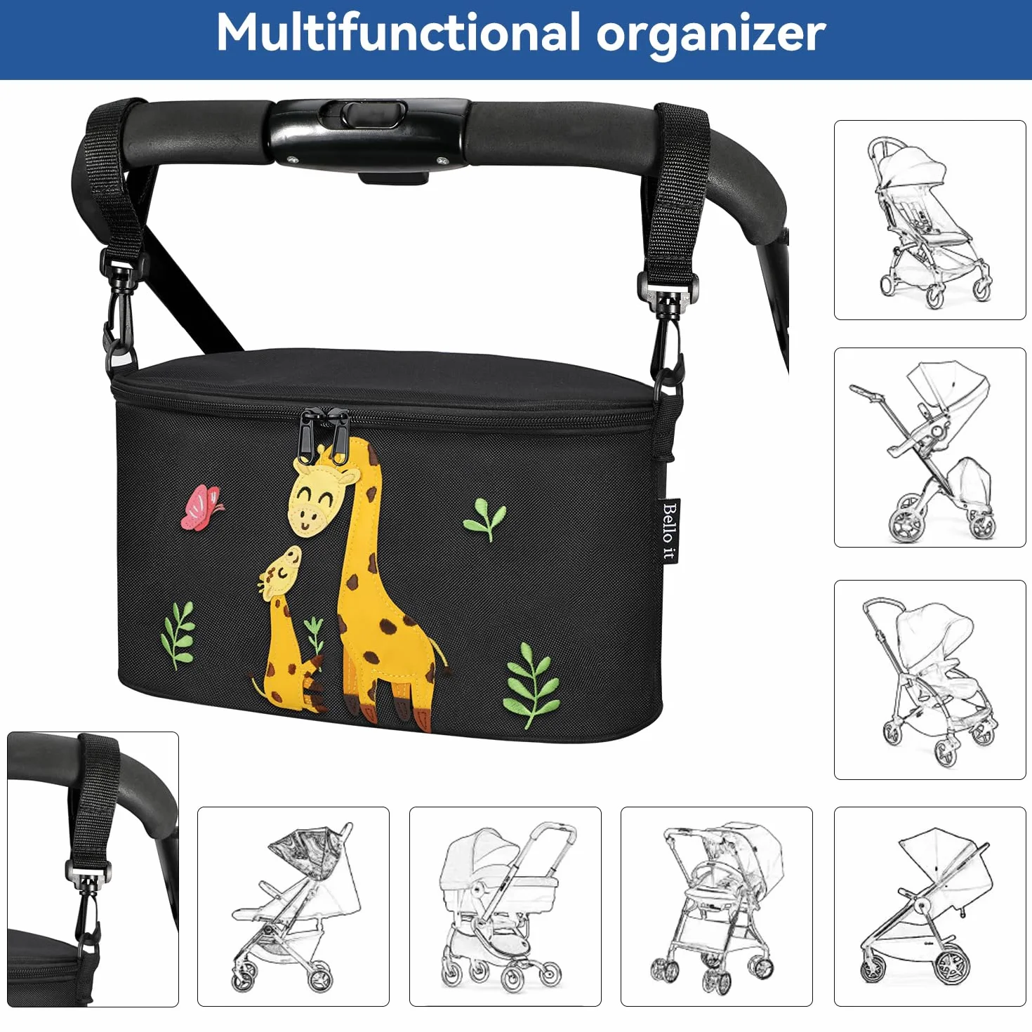 Borsa per Passeggino,Organizer per Passeggino o Carrozzina, Borsa da Passeggino Piccola Dei Animati Cartoni Design, Leggera e Capiente (Giraffa (Nero))