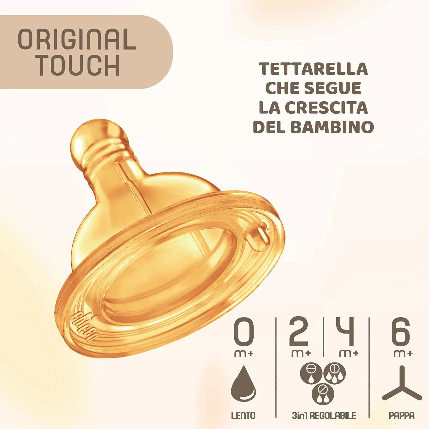 Chicco Original Touch Biberon, Vetro, Neutro, Flusso Lento, Beige, 240 ml