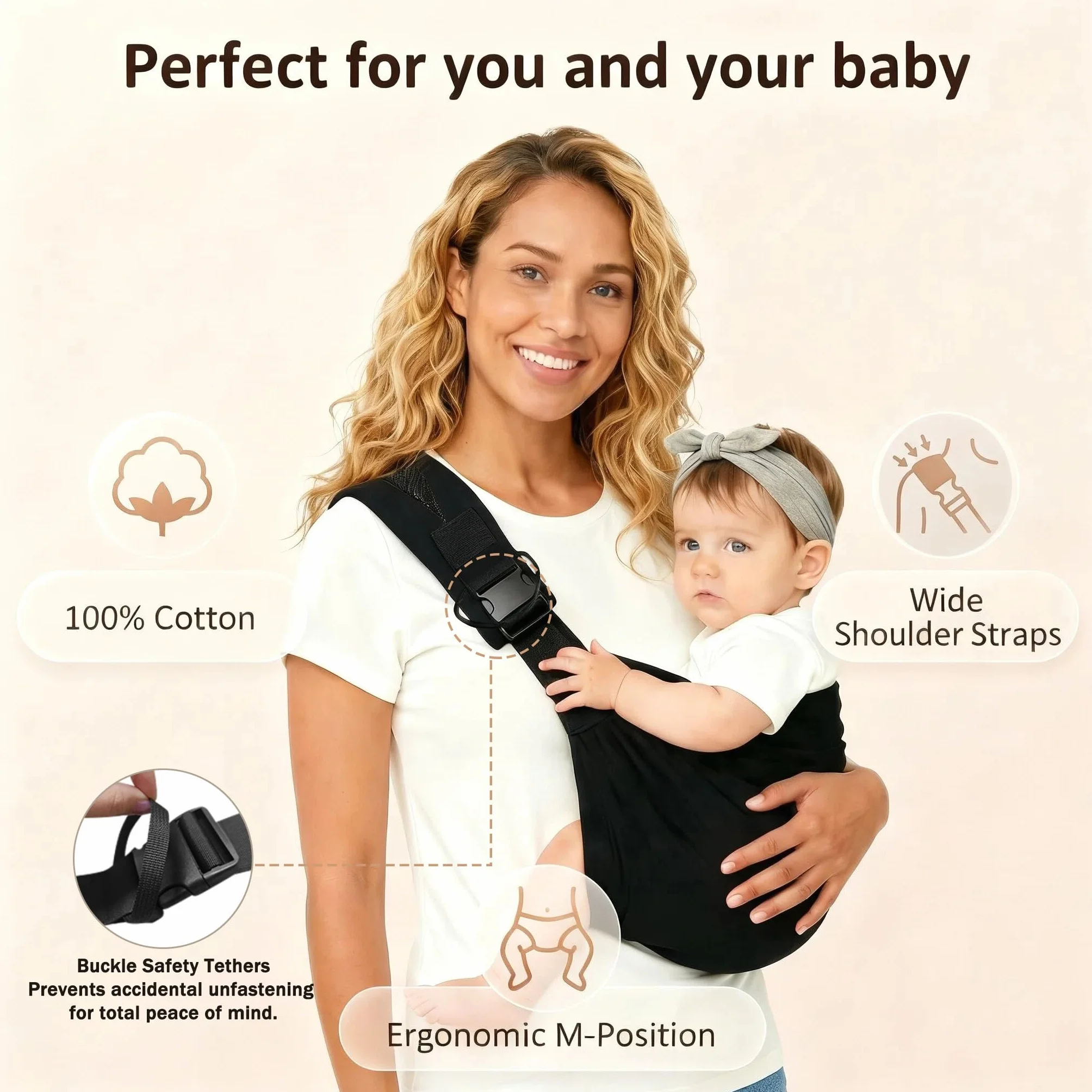 Fascia portabebè regolabile | Regolabile davanti e dietro, fascia a anello,comodo portabebè per bambini, fascia portabebè per neonati (da 6 mesi a 3 anni) (Coton bianco nero)