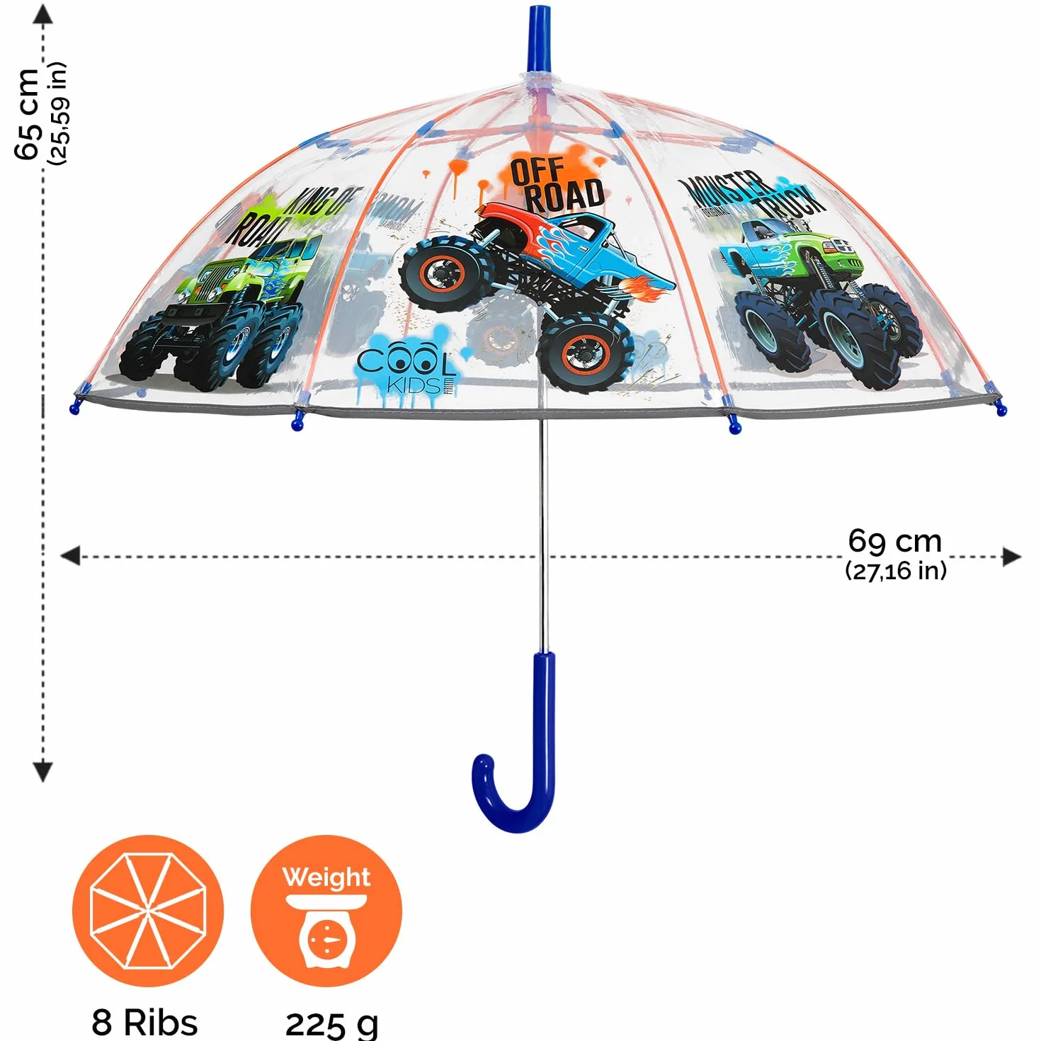 PERLETTI Ombrello Bambini Trasparente 3 4 5 Anni - Ombrello Pioggia Lungo Bambino Bambina a Cupola Antivento - Ombrellino Bimbo Asilo Resistente con Apertura di Sicurezza - Diametro 64 cm