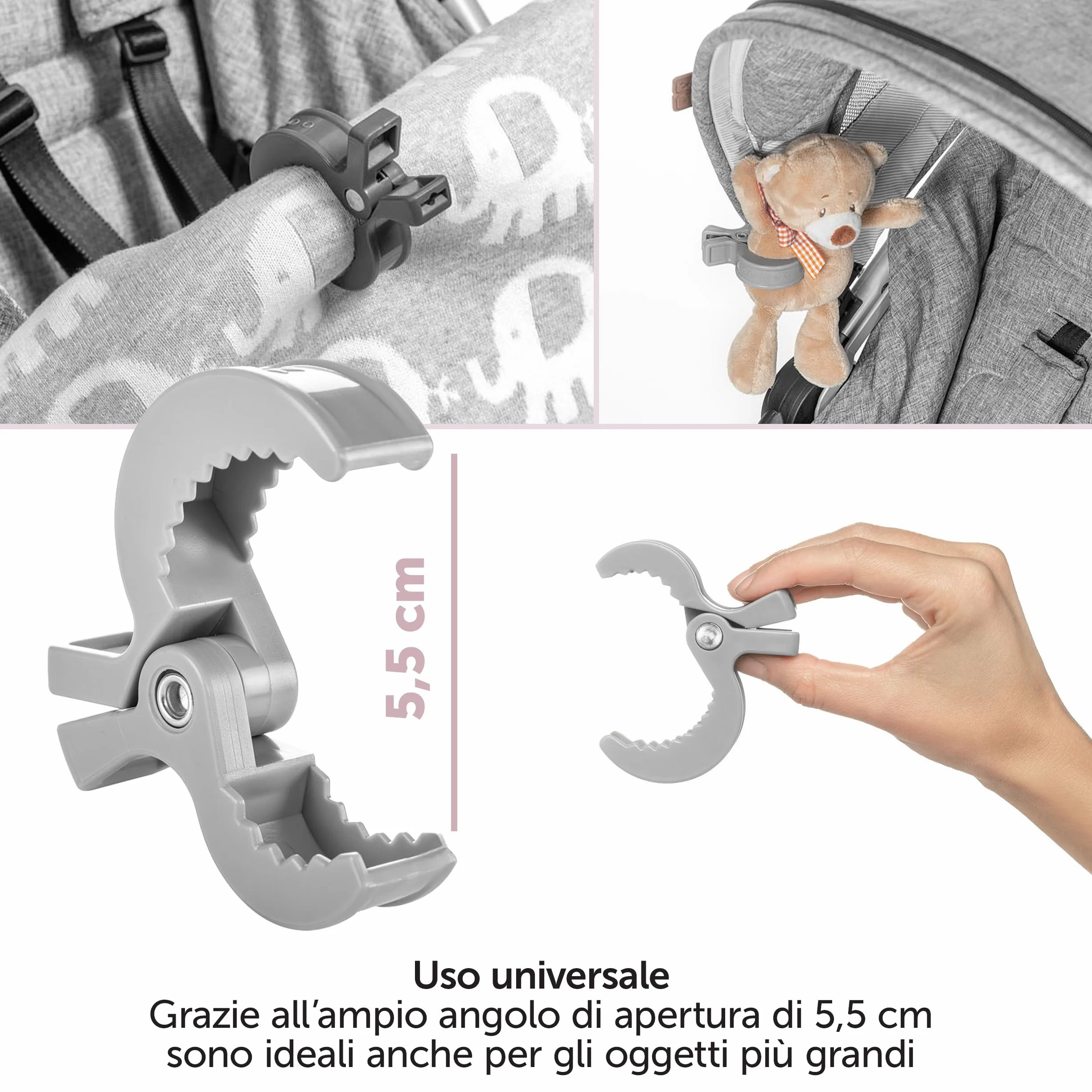 Zamboo Set di Mollette Passeggino - Pacco da 6 Ganci Passeggino Universali per il Fissaggio Facile e Veloce di Accessori Passeggino - Bianco Grigio