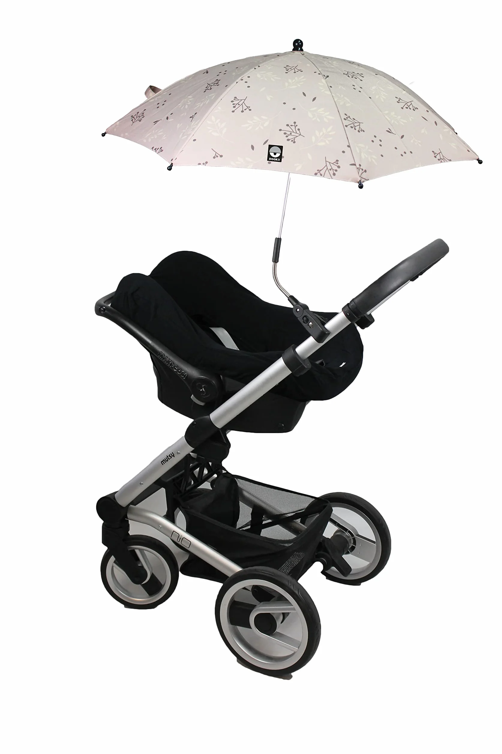 Dooky Ombrellone per carrozzina/passeggino/passeggino, protezione UV UPF 50+, flessibilità 180 gradi con tecnologia Duo Flex, antivento e impermeabile, 100% poliestere, portata 76 cm, beige foglie