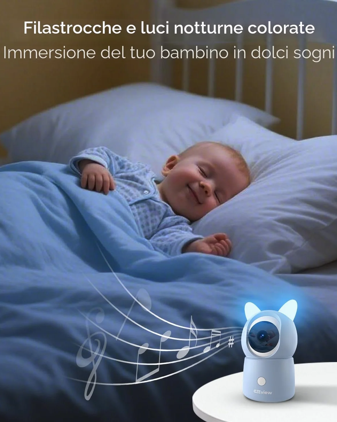 CZEview 5,5" 2.5K Baby Monitor Video e Audio, Luce Notturna & Musica, Telecamera Bambini, Controllo Tramite APP Mobile & Monitor (Blu)