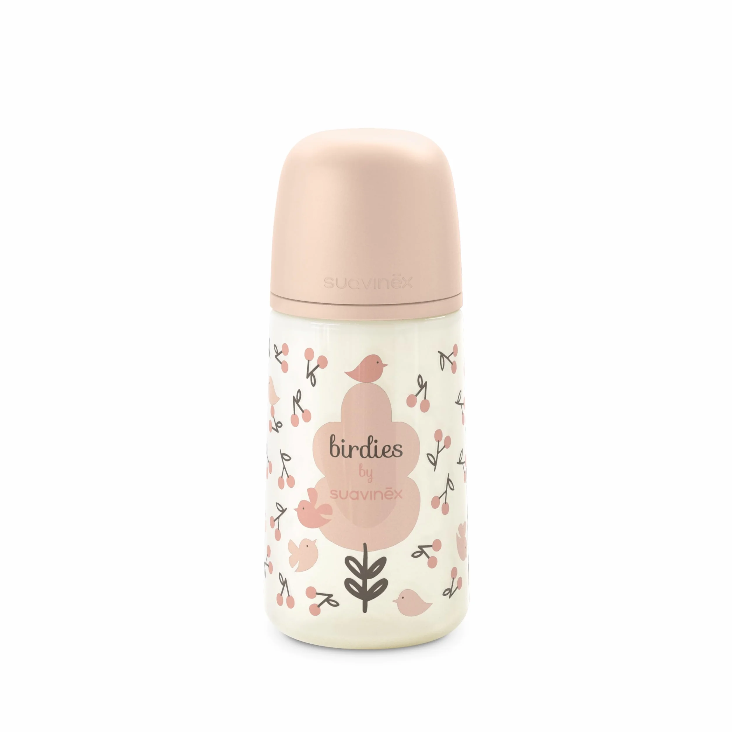 Suavinex, Biberon Anticolica da 270 ml con Tettarella Fisiologica SX Pro in Silicone, Flusso Medio (M), per Liquidi a Media Densità, Latte, Succhi o Acqua. Neonati +3 Mesi. Birdies, Rosa