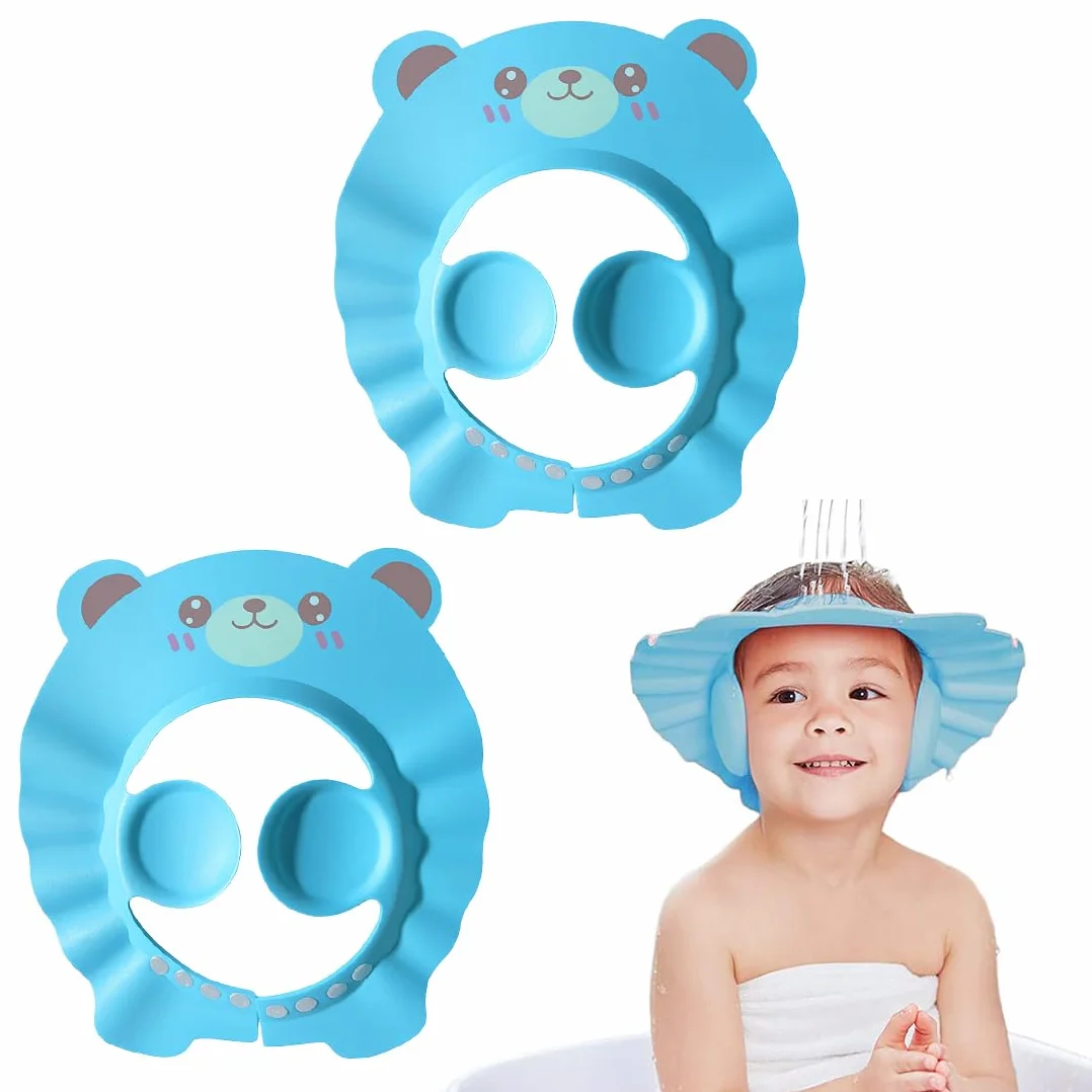2 cuffie da doccia per bambini con protezione per le orecchie, ausili per lo shampoo, cuffie per il lavaggio dei capelli dei neonati (disegno con orso blu).