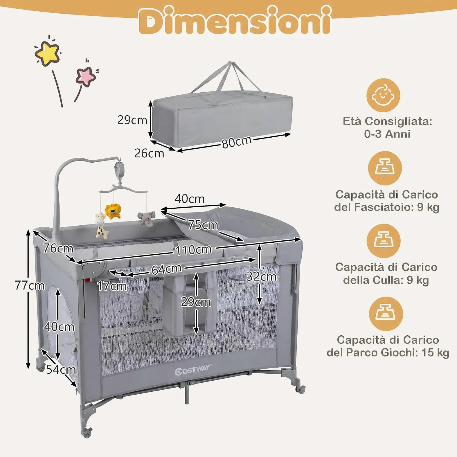 COSTWAY 5 in 1 Culla Co-sleeping Pieghevole per Neonato con Ruote (Grigio) | Lettino da Affiancare Portatile con Fasciatoio, Meterasso, Giocattoli e Carillon, Altezza Regolabile, per Bambini 0-3 Anni