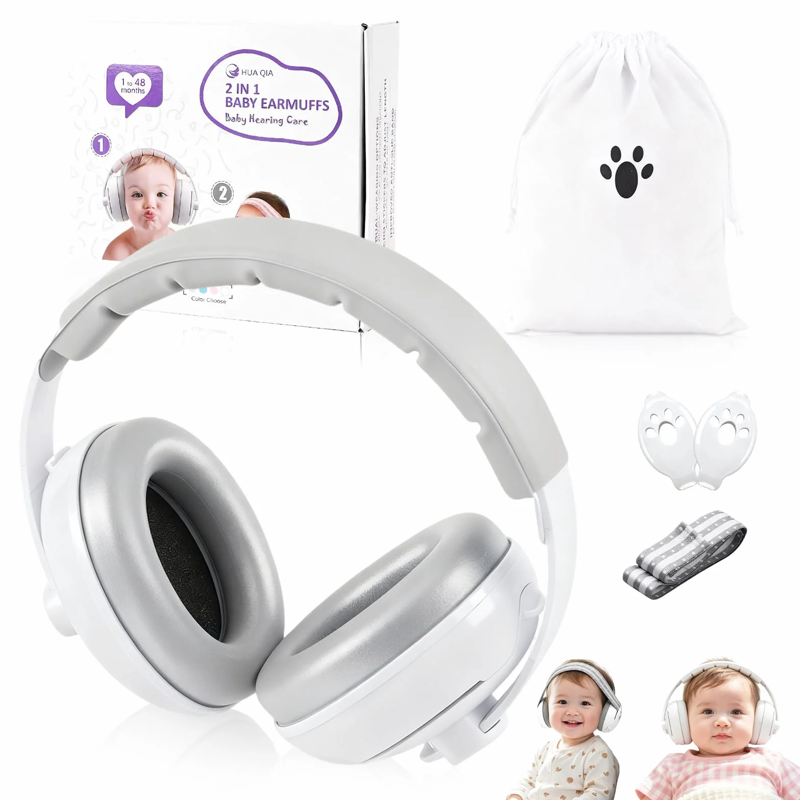 2 in 1 Cuffie Neonato Antirumore 25dB, per Protezione dal Rumore, Regolabili Cuffie Protezione Dormire Bambini, Protettori Acustici per Neonati, per Bambini da 0 a 48 Mesi, per il Sonno, Viaggi