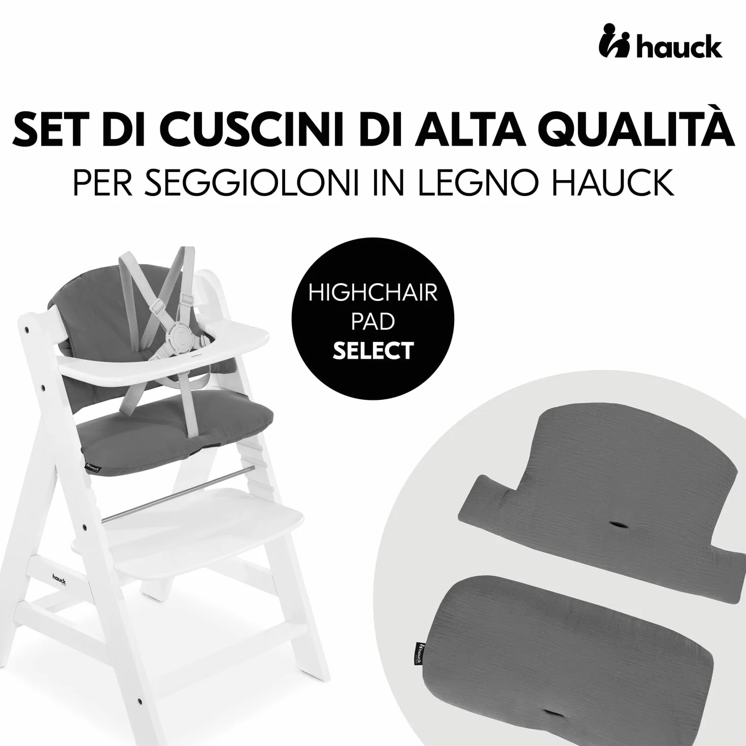 hauck Highchair Pad Select, Grigio Scuro Mussola - Cuscino per Bambini 6 - 36 Mesi - Accessorio Compatibile con Seggiolone Pappa Alpha+, Beta+ e Arketa - Antiscivolo e Imbottitura Soffice