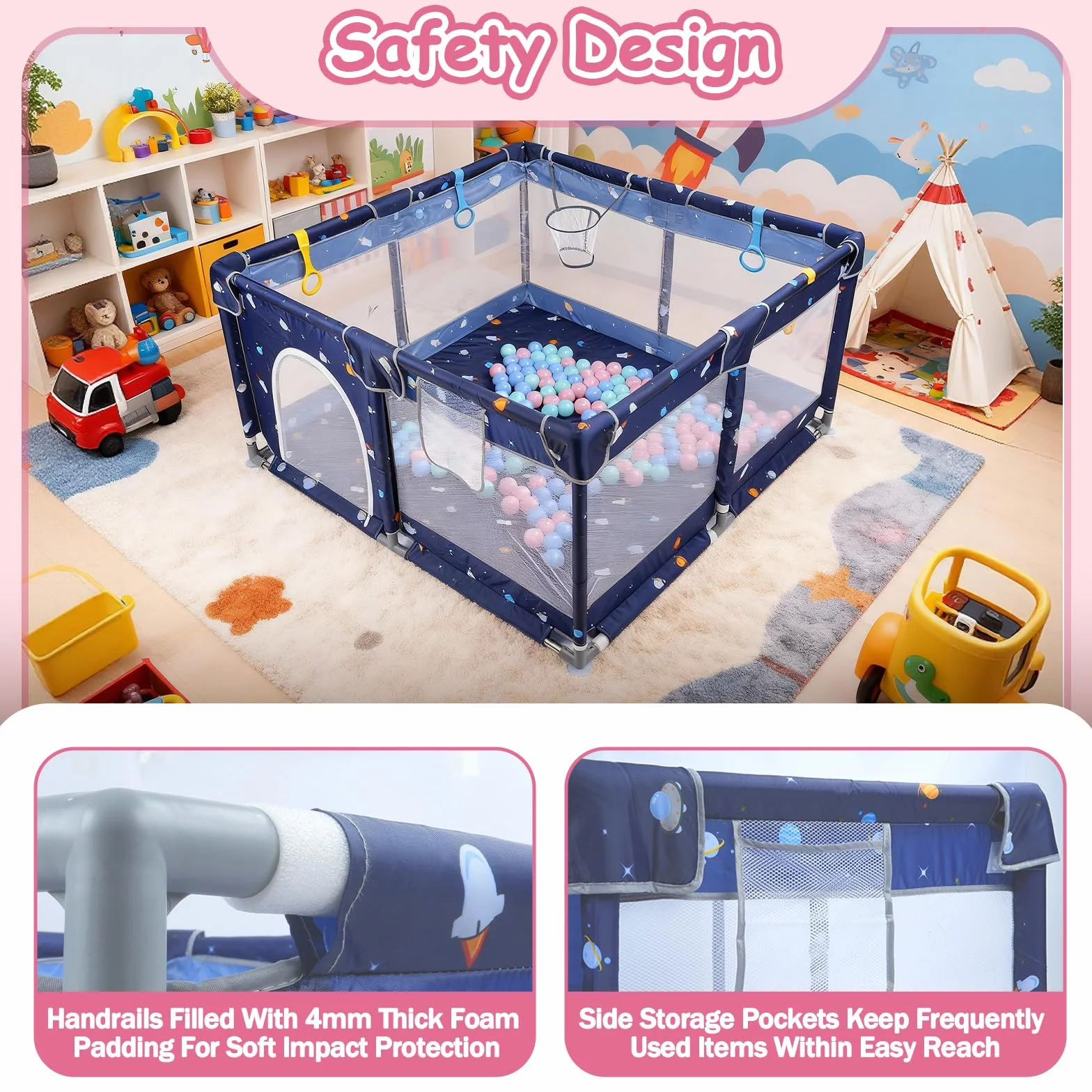 Box per bambini, 130 x 130 x 66 cm, box con anelli di trazione, palline, rete traspirante, fondo antiscivolo, parco giochi di sicurezza per bambini (cartone animato, 130 cm)
