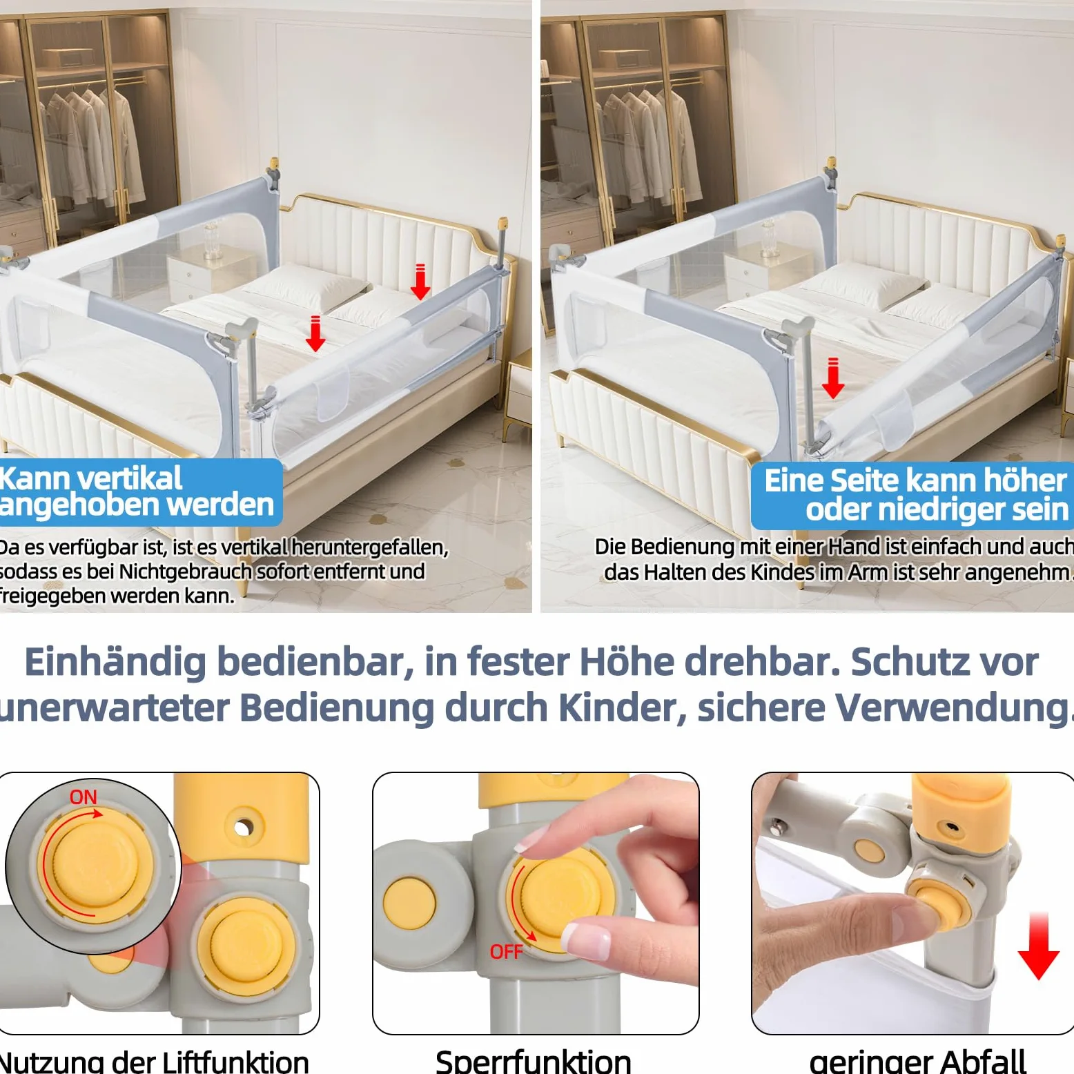 Barriera di protezione per letto, 180 cm, per bambini, pieghevole, protezione anticaduta | Sponda per letto regolabile in altezza a 30 livelli, motivo a blocchi di colore grigio/bianco, tessuto Oxford 302D
