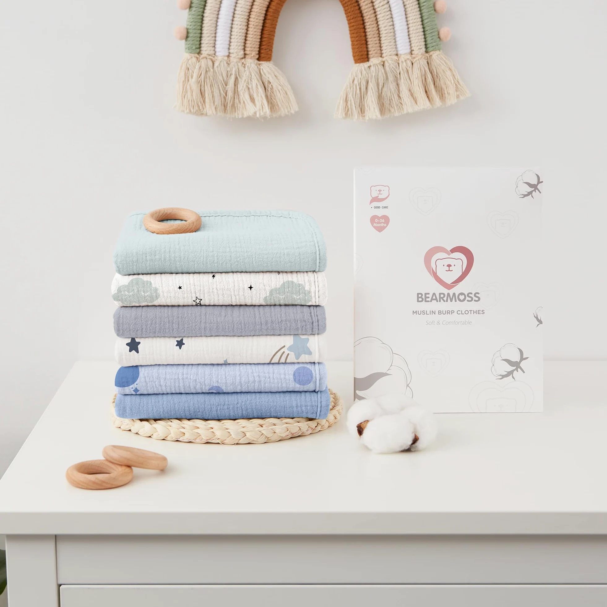 bearmoss Bambino in Mussola Per Neonati, 6 Pezzi, Set 50 X 25 Cm, Super Morbido Assorbente in Mussola A Grana Per Neonati, Unisex, Per Bambine E Ragazzi (blu)