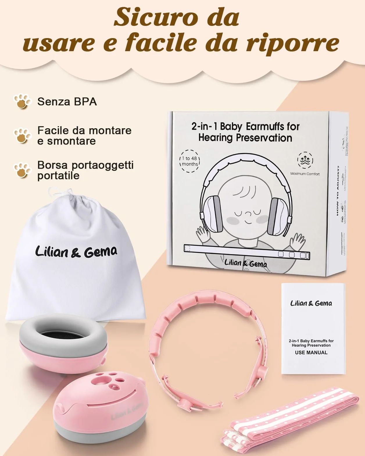 Lilian&Gema 2 in 1 Cuffie Neonato Antirumore -25dB,Protettori acustici per neonati, archetto regolabile, antiscivolo e antistress, protezione acustica ideale per neonati fino a 48 mesi