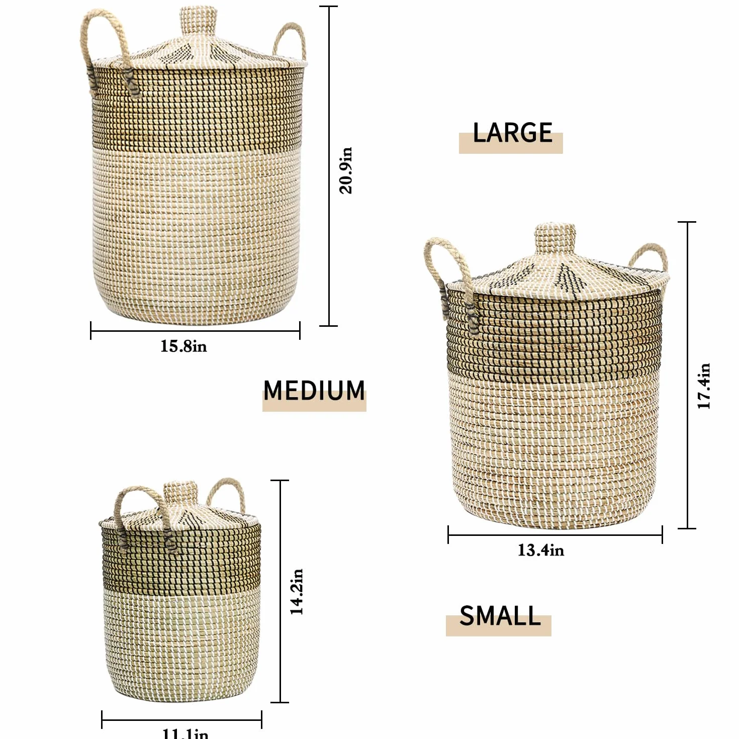 3 Pz 76L+43L+26L Set di Cestini per la Biancheria con Coperchio e Sacchetti Interni, Cesto Intrecciato, Fatto a Mano, Cesto Portaoggetti con Manici in Salice per Bagno o Cameretta dei Bambini, per