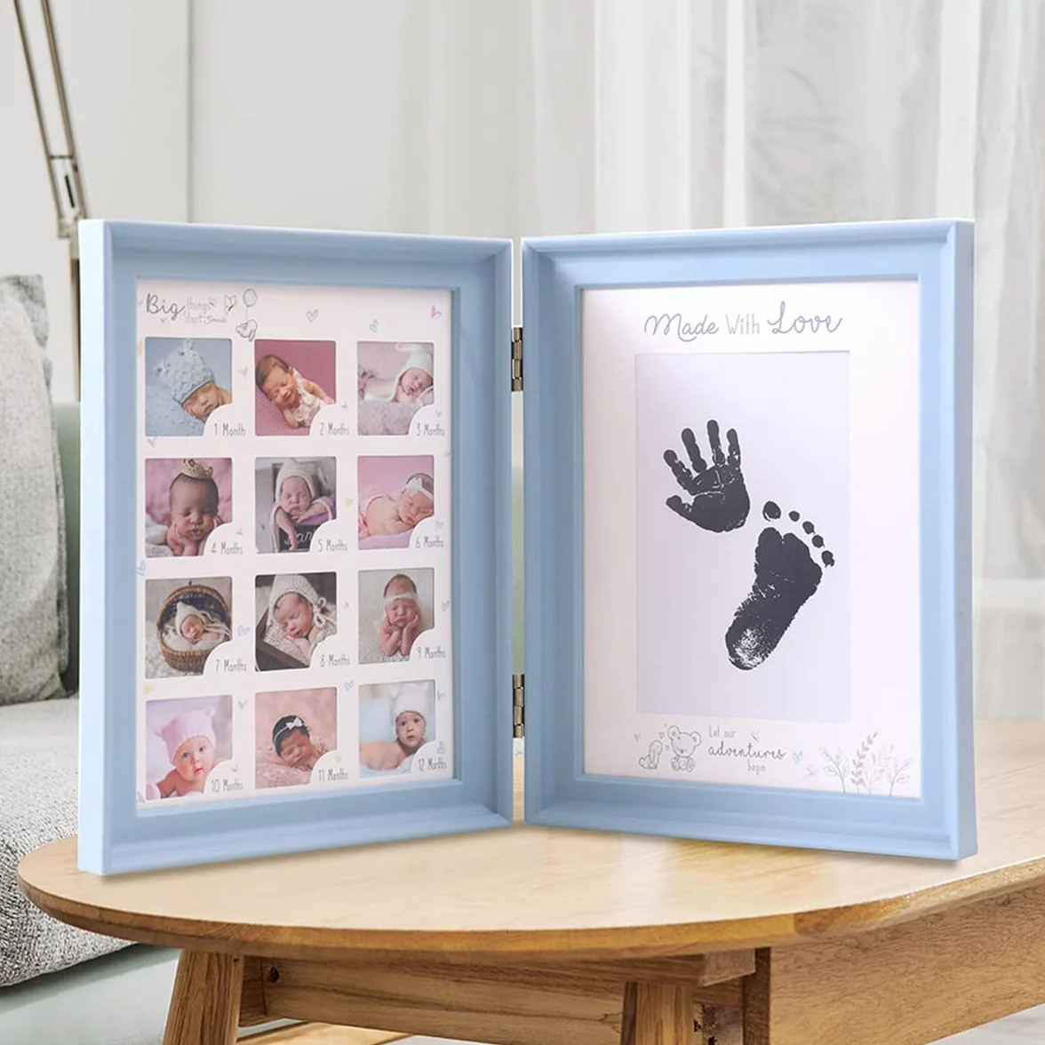LEcylankEr Impronta Mani e Piedi Neonati, Portafoto 12 Mesi Regalo Battesimo Bimbo,Cornice per Foto Pieghevole a Due Vie con Tampone di Inchiostro Ricaricabile Nero (blu)