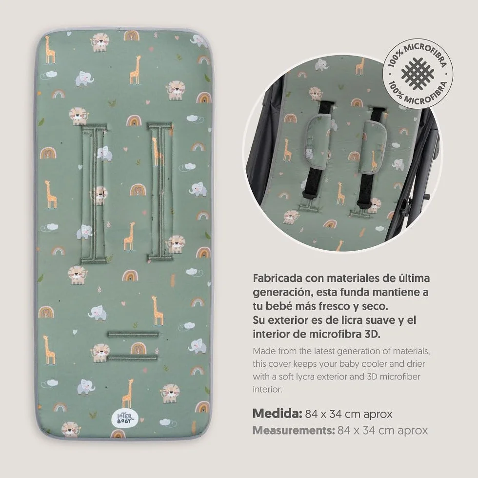 Interbaby Materassino per passeggino universale per estate | Safari verde | traspirante e confortevole | copertura per passeggino 100% cotone, 84 x 34 cm, protezioni per imbracatura