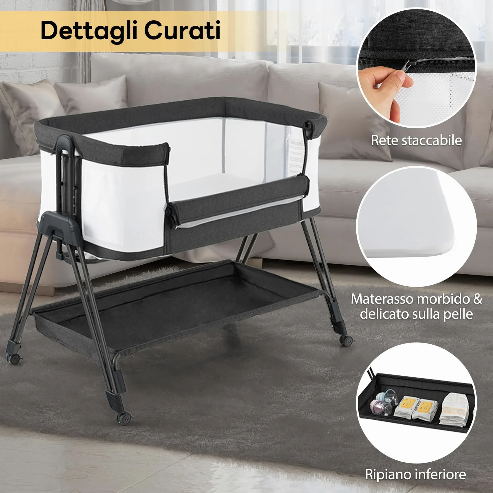RELAX4LIFE Culla Neonato Fianco Letto, Culla da Campeggio con Materasso e Cinghia Fissaggio, Regolabile In Altezza 7 Posizioni, Borsa di Trasporto, per Bambini 0-6 Mesi (1, Nero)