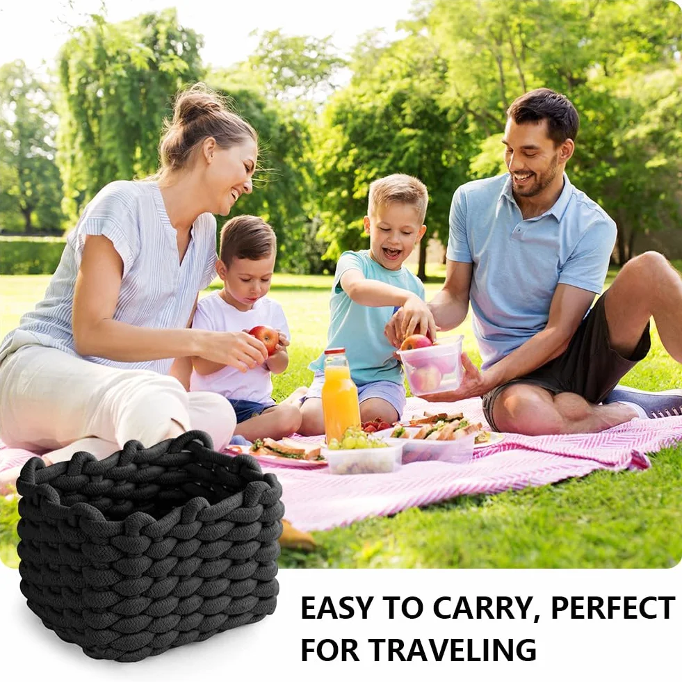 Aolso Cesto Portaoggetti in Corda di Cotone Intrecciato, 2pcs Contenitore Bagno Portaoggettii, Cestino Cameretta,Cestini Decorativi Quadrati per Portaoggetti per Trucchi,Giocattoli, Calzini, Nero