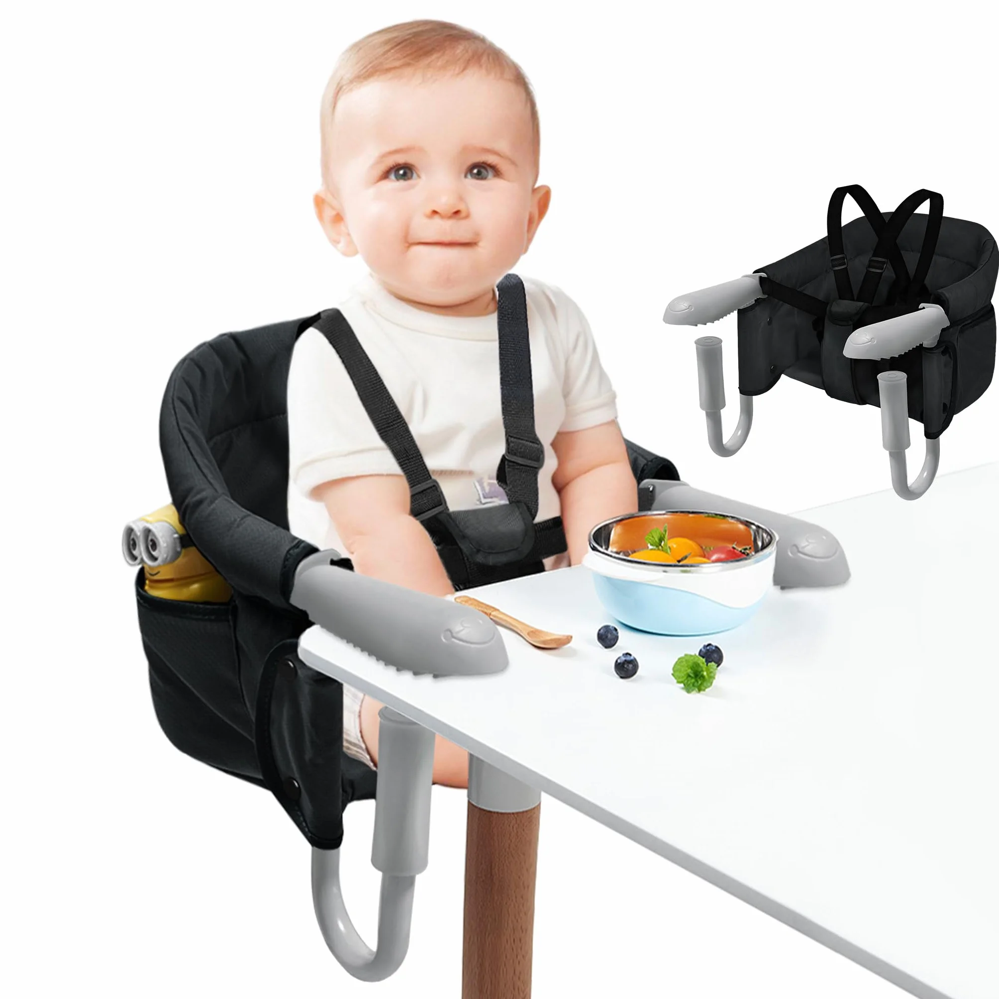 FIVMEN Seggiolino da tavolo pieghevole per bambini, con cintura di sicurezza monopezzo e schienale imbottito per casa e in viaggio, fino a 15 kg, nero