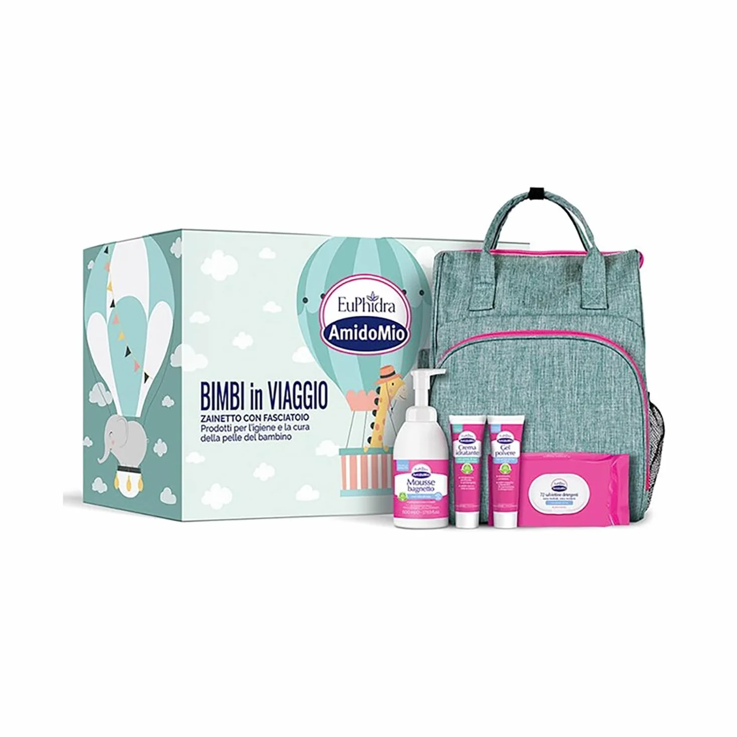 Euphidra AmidoMio Set da Viaggio per Bambini, Kit Igiene con Borsa, Prodotti per la Cura della Pelle