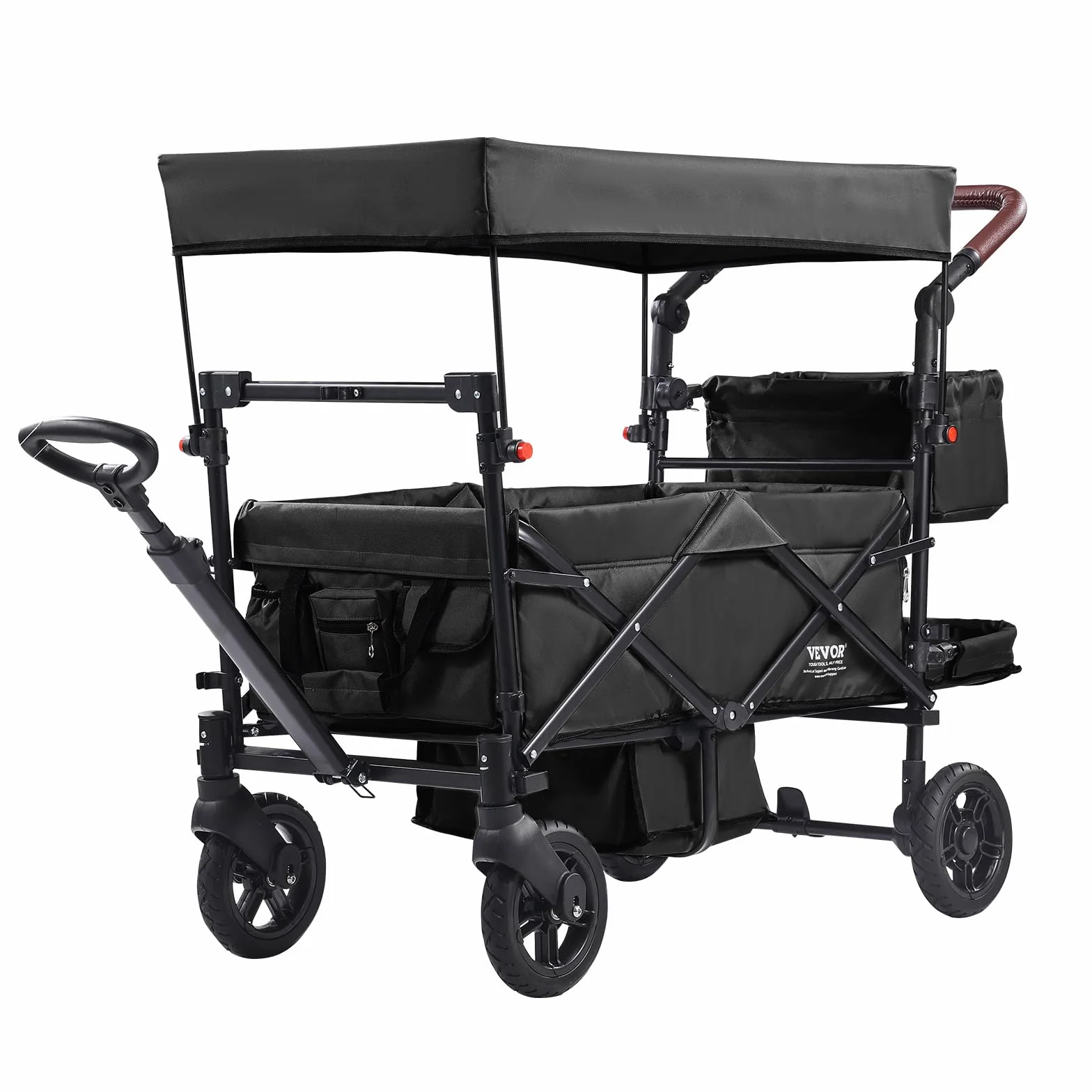 VEVOR Passeggino Wagon per 2 Bambini Pieghevole con Maniglia Regolabile, Tettuccio Rimovibile, Imbracatura Circolare, 4 Ruote con Freni, Multifunzione per Campeggio, Nero