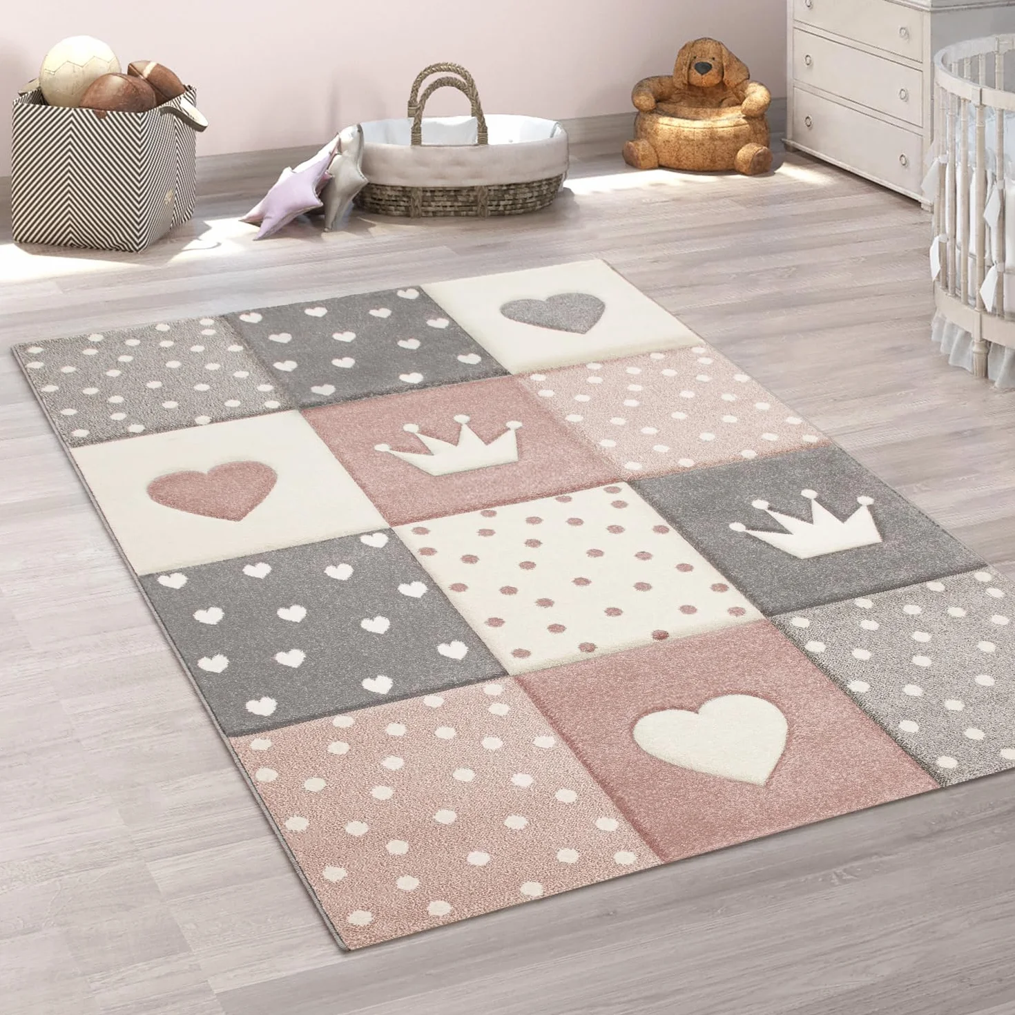 Paco Home Tappeto per bambini A quadri Cuori Corona Diversi colori e misure, Dimensione:80x150 cm