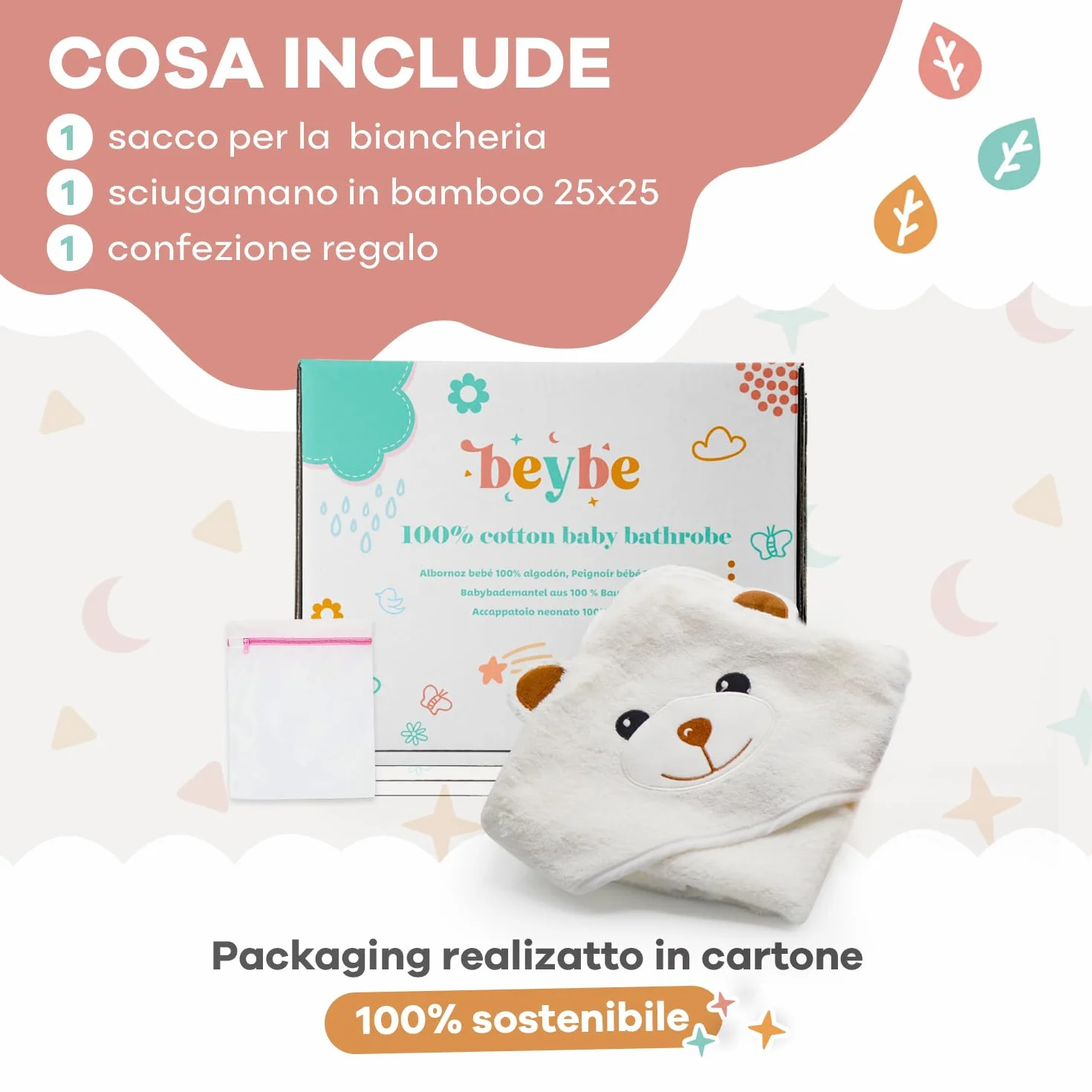 Accappatoio Neonato 6-12 mesi fino a 5 anni 90 x 90 cm, Asciugamano Neonato Bagnetto 100% Cotone Naturale, Soffice e Delicato per la Pelle- Accappatoio bambino a forma di orsetto (Orsetto)