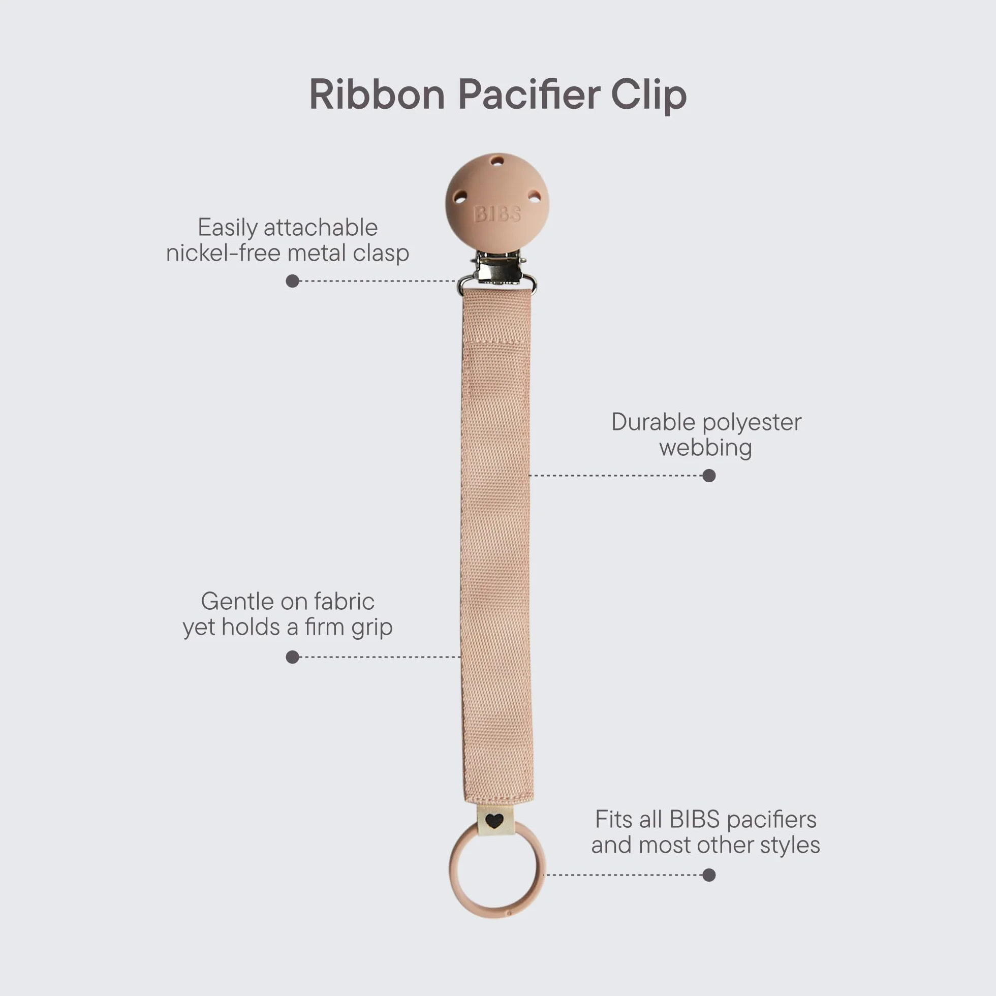 Nastro per clip per ciuccio BIBS - Fissa il ciuccio del tuo bambino con un resistente nastro di poliestere e una clip di metallo senza nichel - Compatibile con tutti i ciucci BIBS