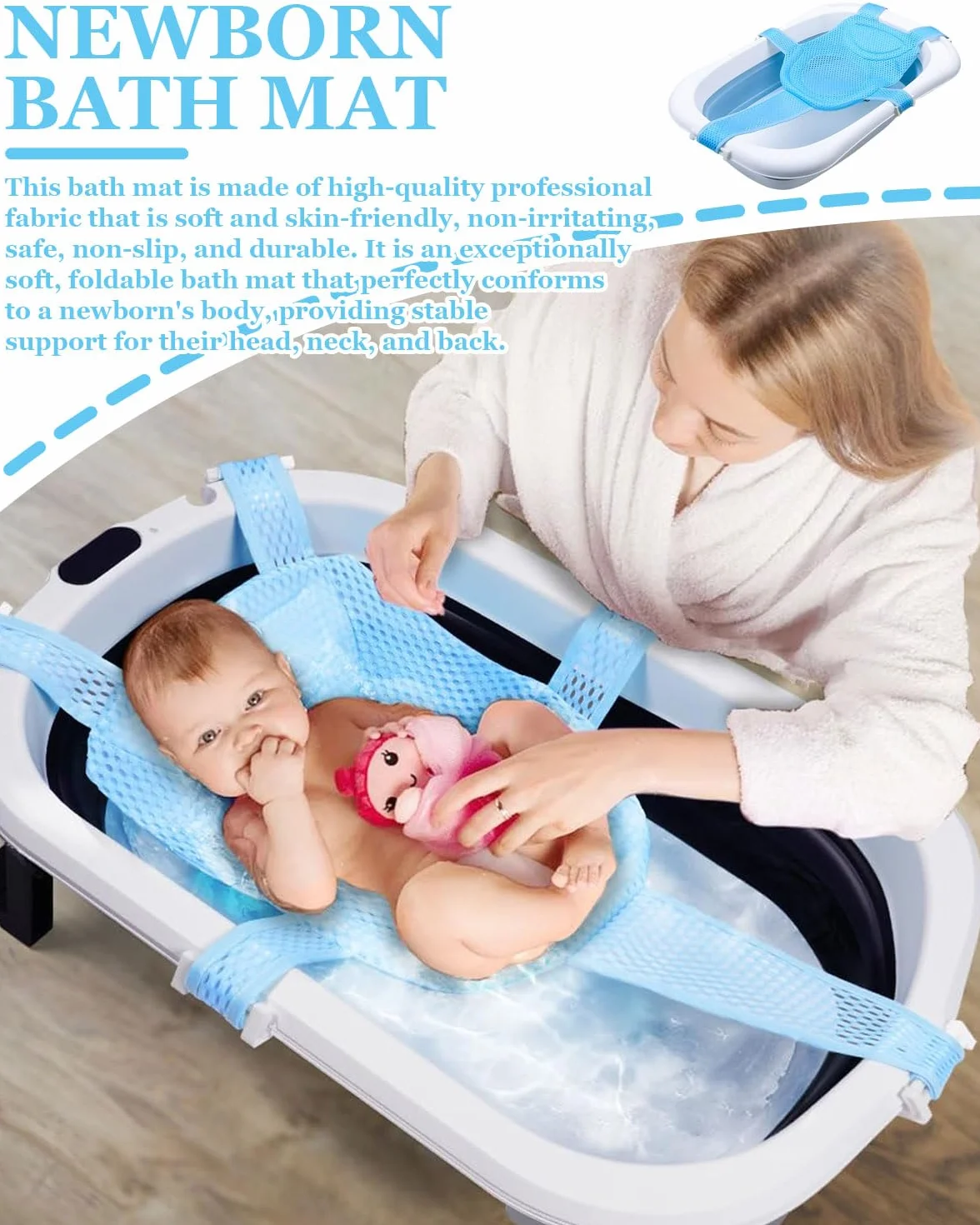1 pezzo Tappetino da Bagno Per Neonati, Con Rete Regolabile, Antiscivolo, Con Cintura di Sicurezza, Per Neonati(Blu)