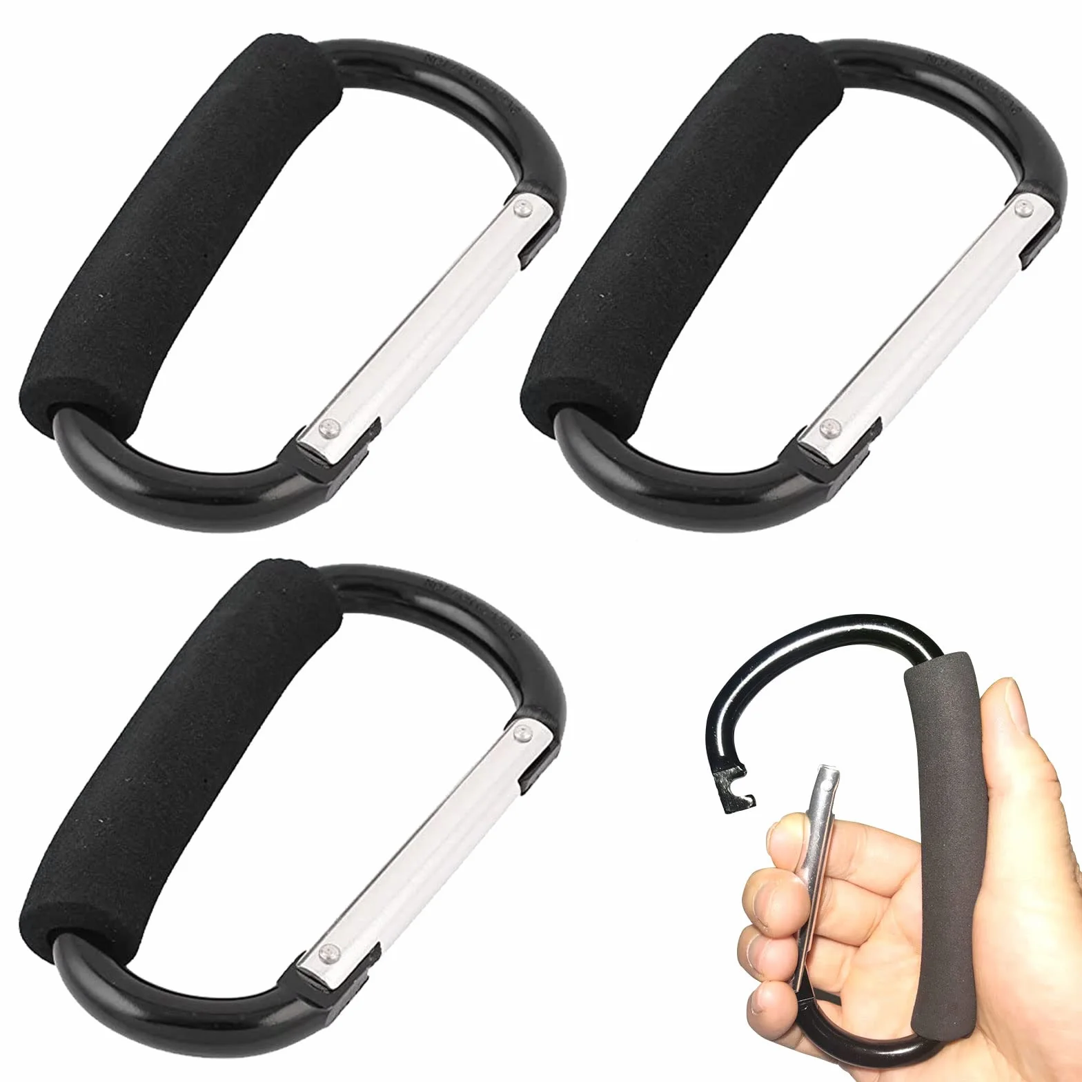 TSHAOUN 3 Pezzi Buggy Ganci Moschettone, Gancio Universale Passeggino, Moschettone per Passeggino, Gancio per Borsa per Pannolini, Aggancio per Borse con Imbottitura di Protezione