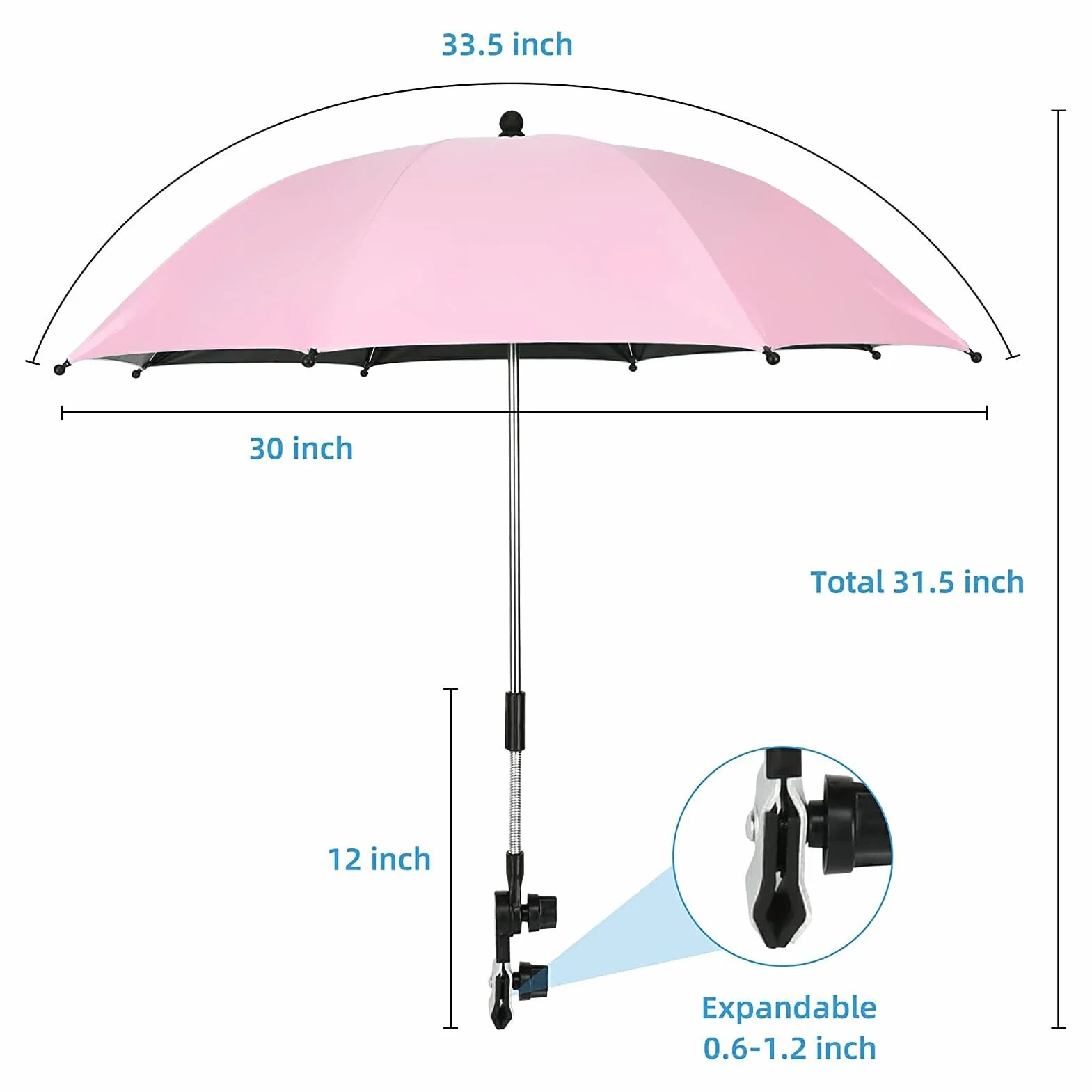Ombrello Universale per Passeggino da 30 Pollici con Morsetto Protezione UV Regolabile Parasole per Passeggino per Carrello Bici Sedia a Rotelle Sedia a Rotelle(Rosa)