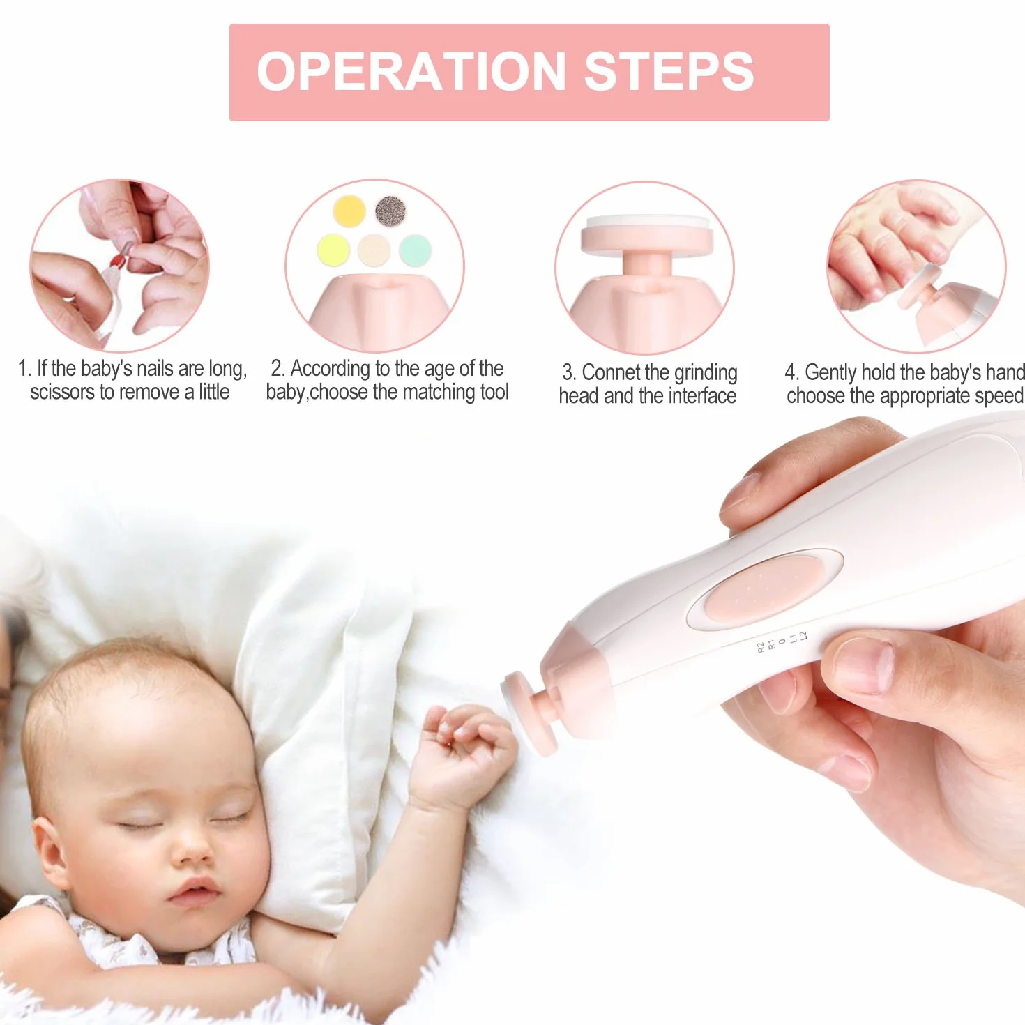 WADEO Tagliaunghie Neonati Elettrico, Lima Unghie Neonato Batteria Operato, Nail Trimmer per Bambini con LED Frontale & Silenzioso, Strumenti Sicuri per Cura Unghie Neonati