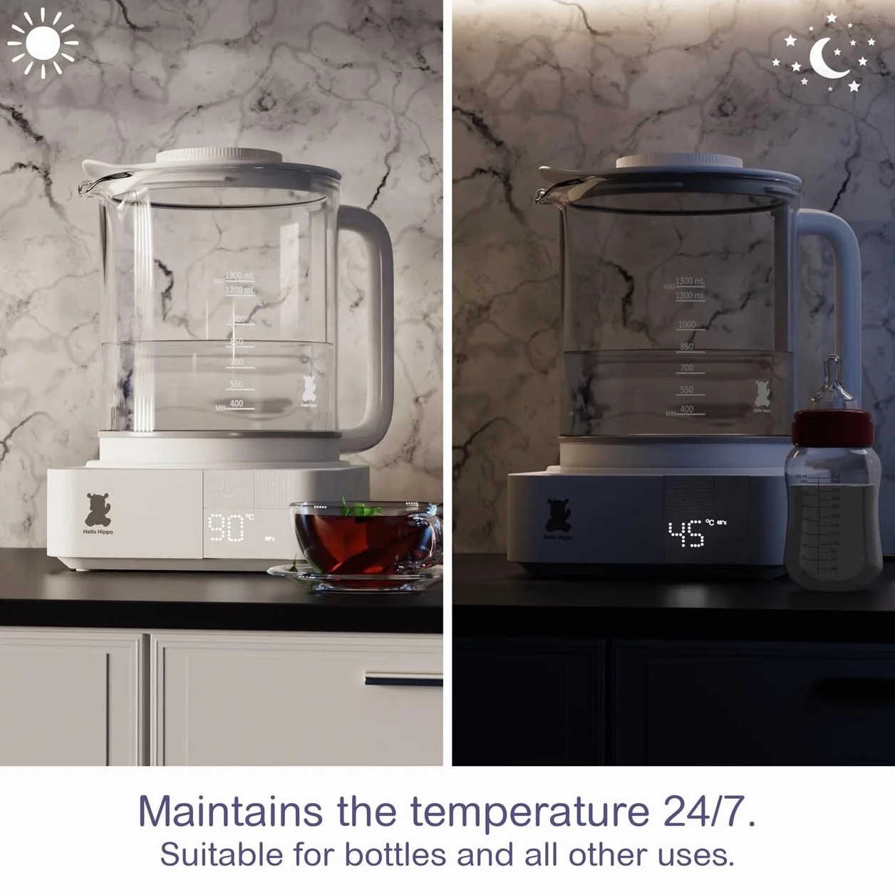 HELLO HIPPO® Bollitore Scaldabiberon 1300 mL in vetro - 800W basso consumo - Sterilizzatore per capezzoli - Mantiene il calore 24H - Temperatura regolabile da 45-100°C - Biberon, tè, cioccolato, caffè