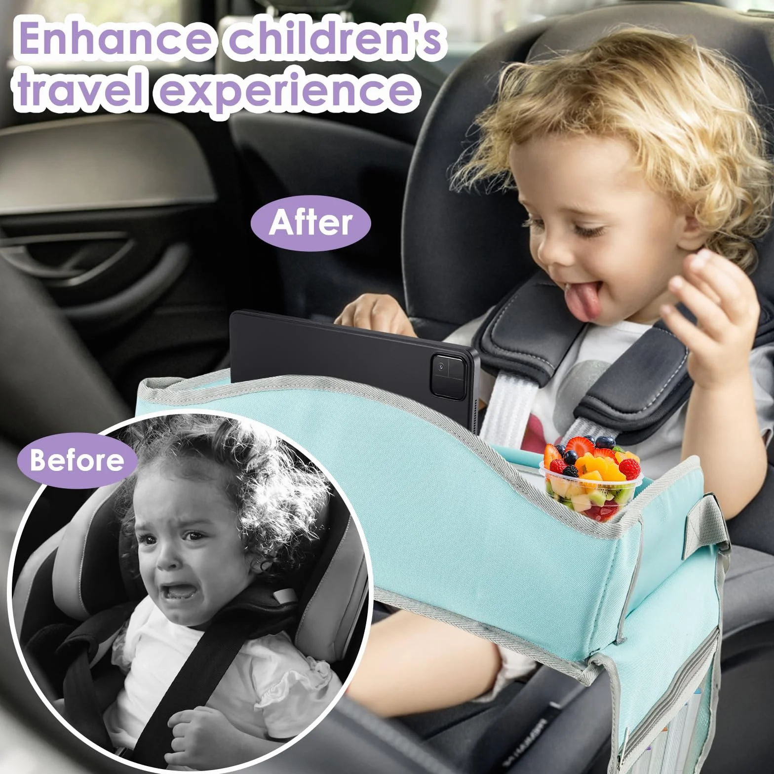 Tavolino da viaggio per bambini, seggiolino per auto, multifunzionale, regolabile, tavolino da gioco, tavolino da pranzo, tavolino per auto, aereo, parco (verde)