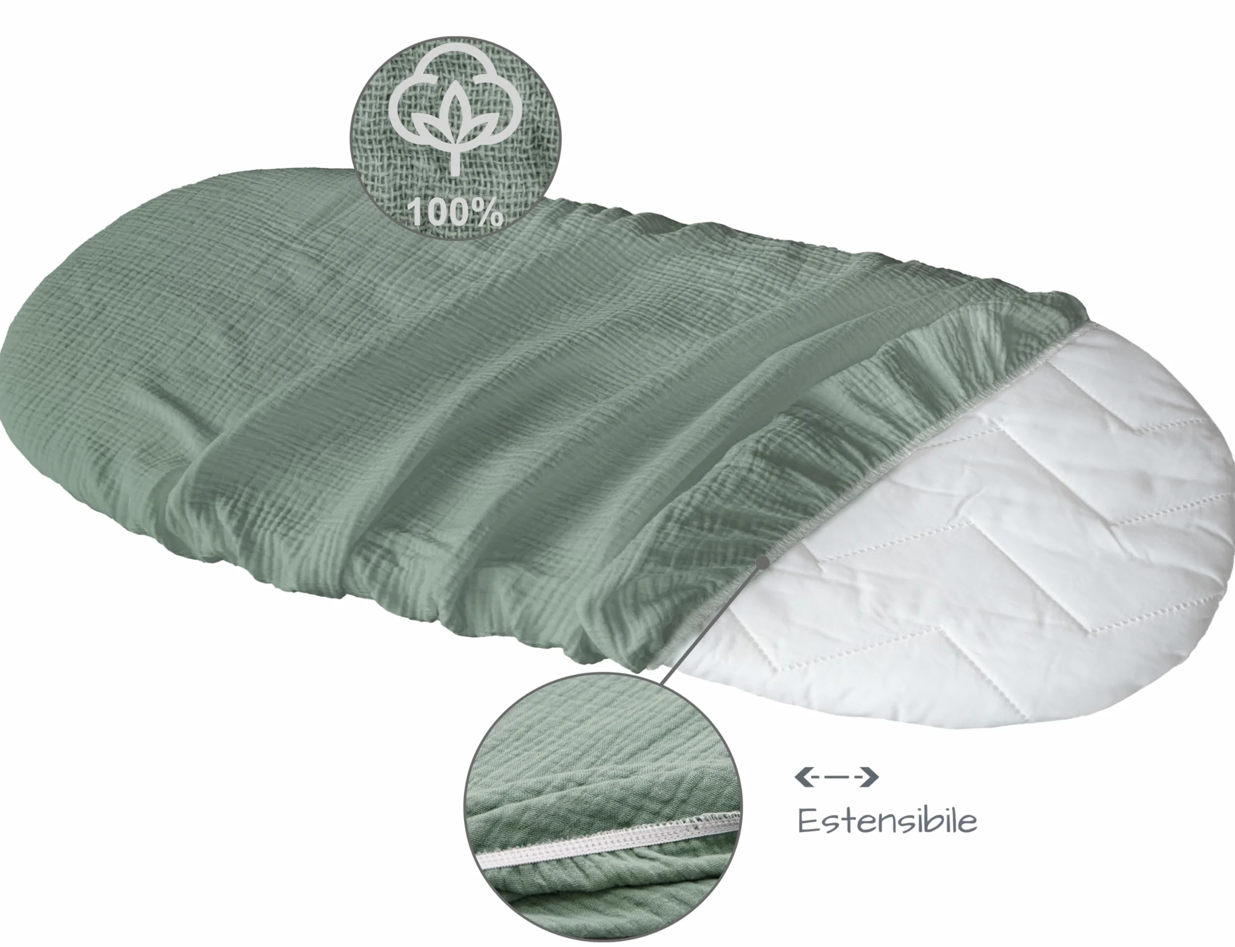 Medi Partners Lenzuola Lettino Culla 86x40 Set 3 Lenzuolo Navicella Neonato Carrozzina con Angoli - 100% Cotone Mussole Passeggino Materasso Fitted Sheet Coprimaterasso (Oliva-Bianco-Grigio)