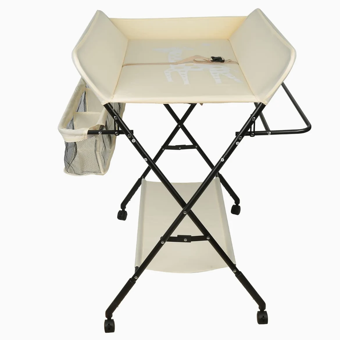 Fasciatoio pieghevole, cassettiera pieghevole per neonato, fasciatoio con ripiani di stoccaggio, ripostiglio+chiusura di sicurezza, motivo giraffa. Beige