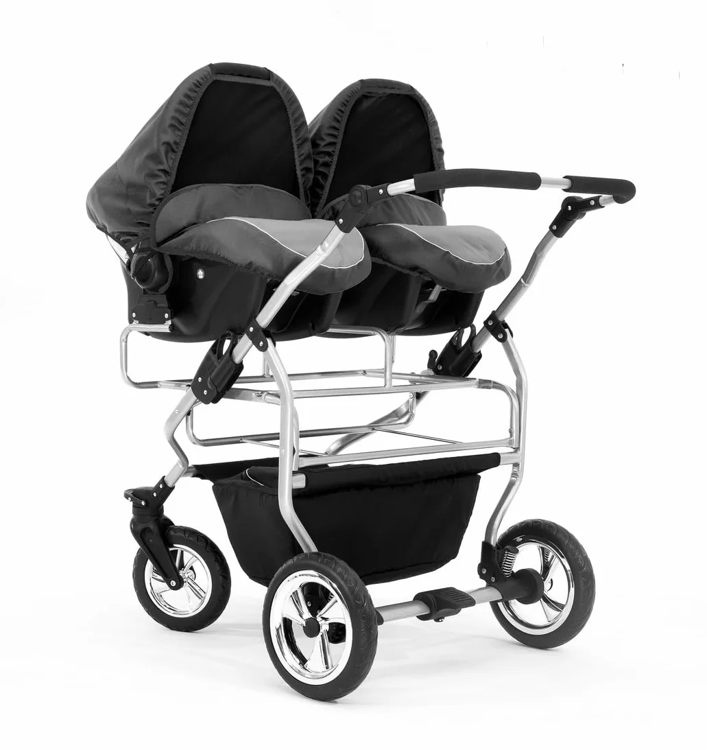 Passeggino gemellare 3 in 1. Passeggino e accessori in 3 pezzi: 2 navicelle + 2 passeggini + 2 ovetti + accessori. BBtwin DUET TRIO graphite