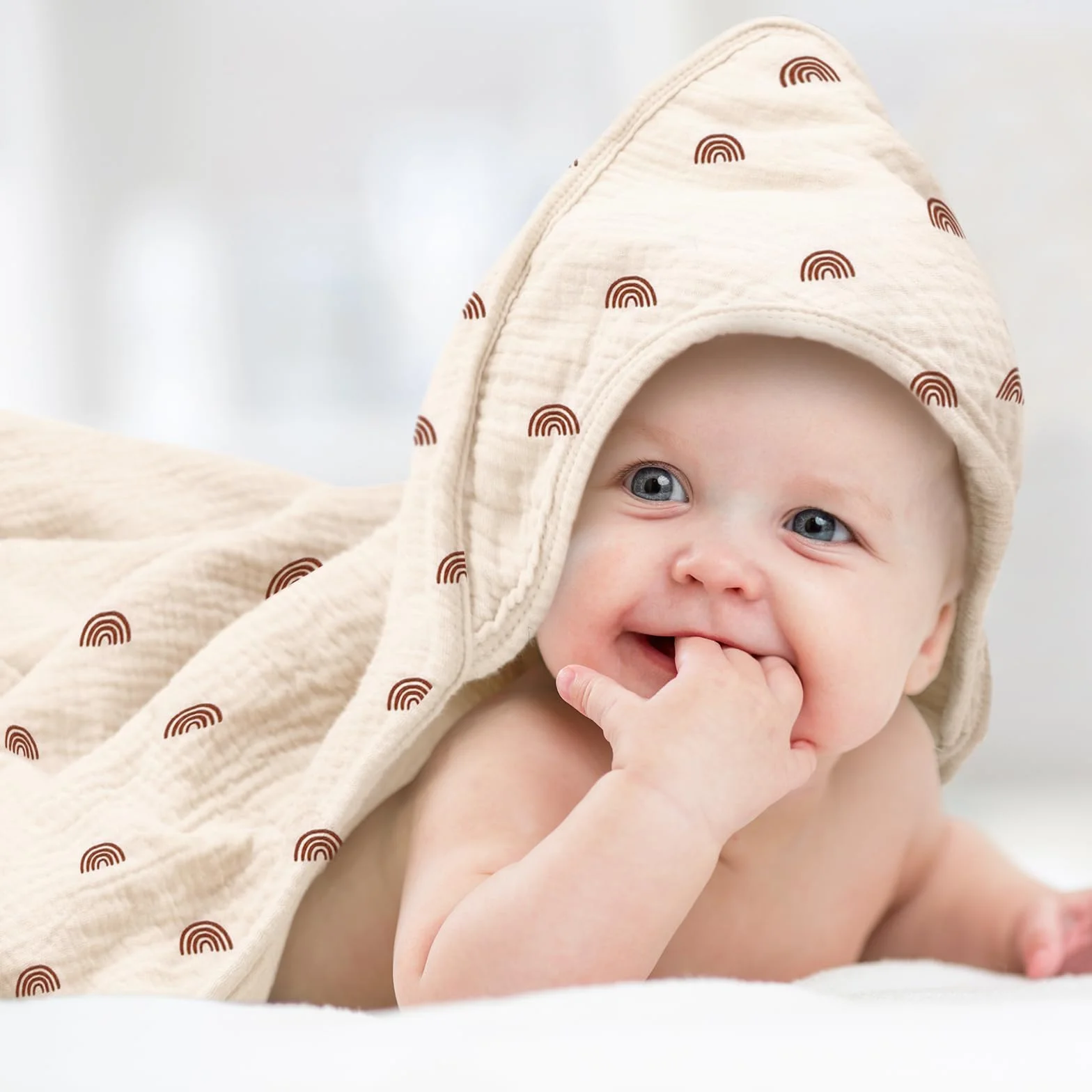 Asciugamani con Cappuccio per Bambini, Asciugamano Neonato in Mussola di Cotone, Asciugamano Morbido e Assorbente con Cappuccio per Bambini da 0 a 18 mesi, 76 x 76 cm, 2 Pezzi (Arcobaleno)