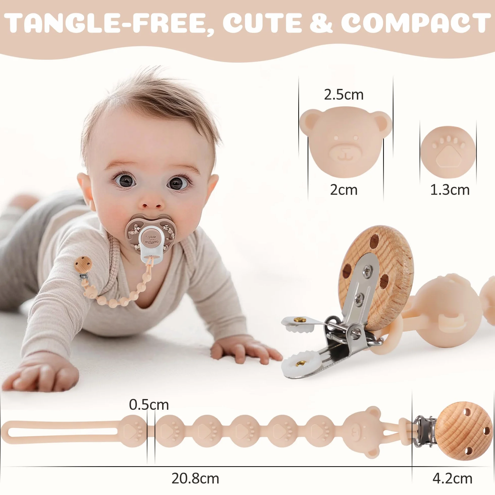 Set da 3 Catenella Portaciuccio in Silicone, Design Monoblocco Catenella Ciuccio per Bambine e Bambini, Portaciuccio Senza BPA, Elastiche e Robustezza (Crema Marrone Grigio)